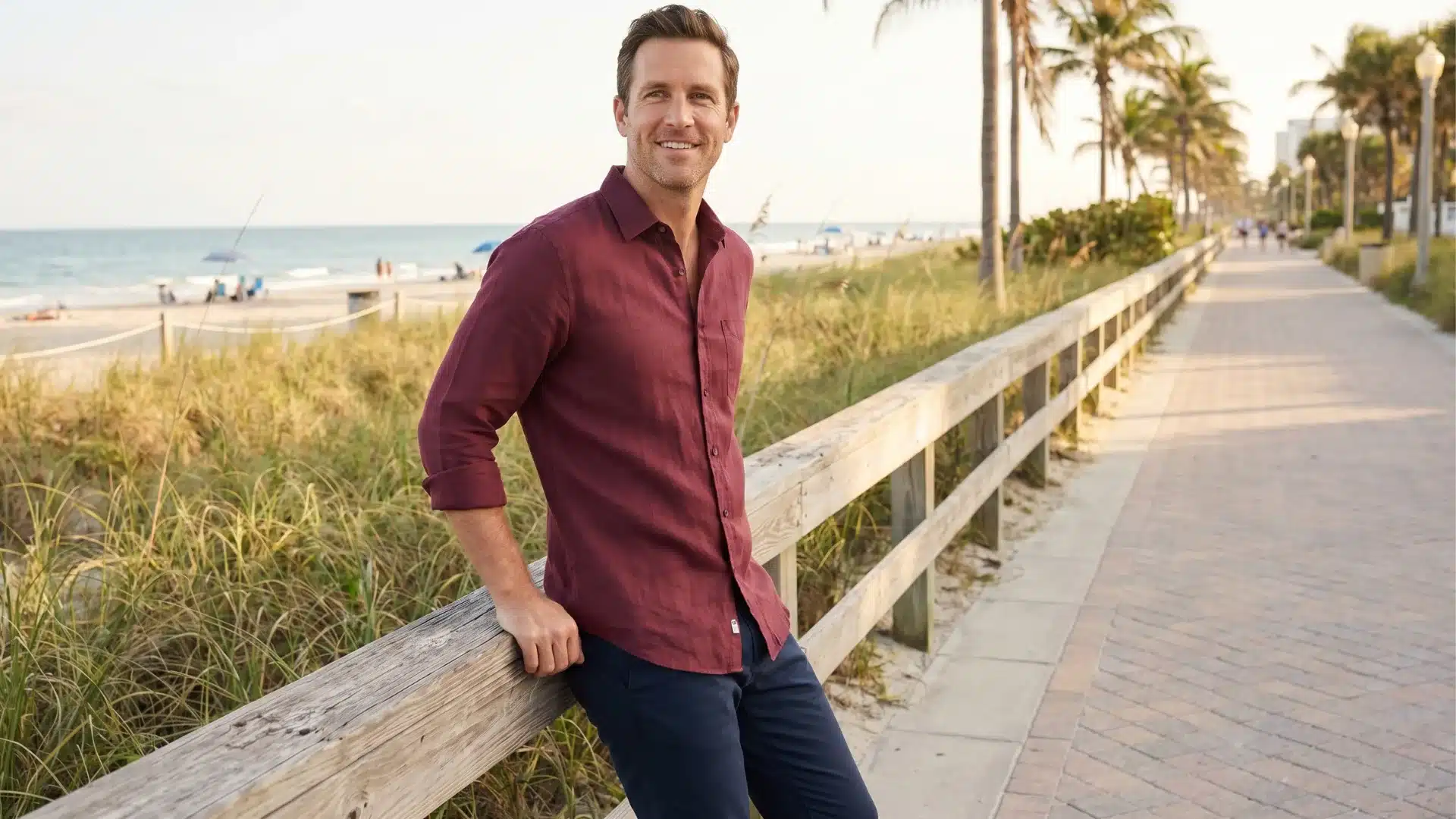 Man in a burgundy shirt with navy pants standing beside a beach walkway in a smart casual outfit