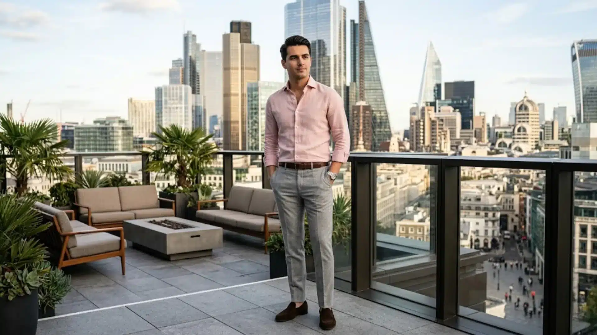 Man in a pink shirt and grey trousers stands on a city rooftop terrace with a skyline background