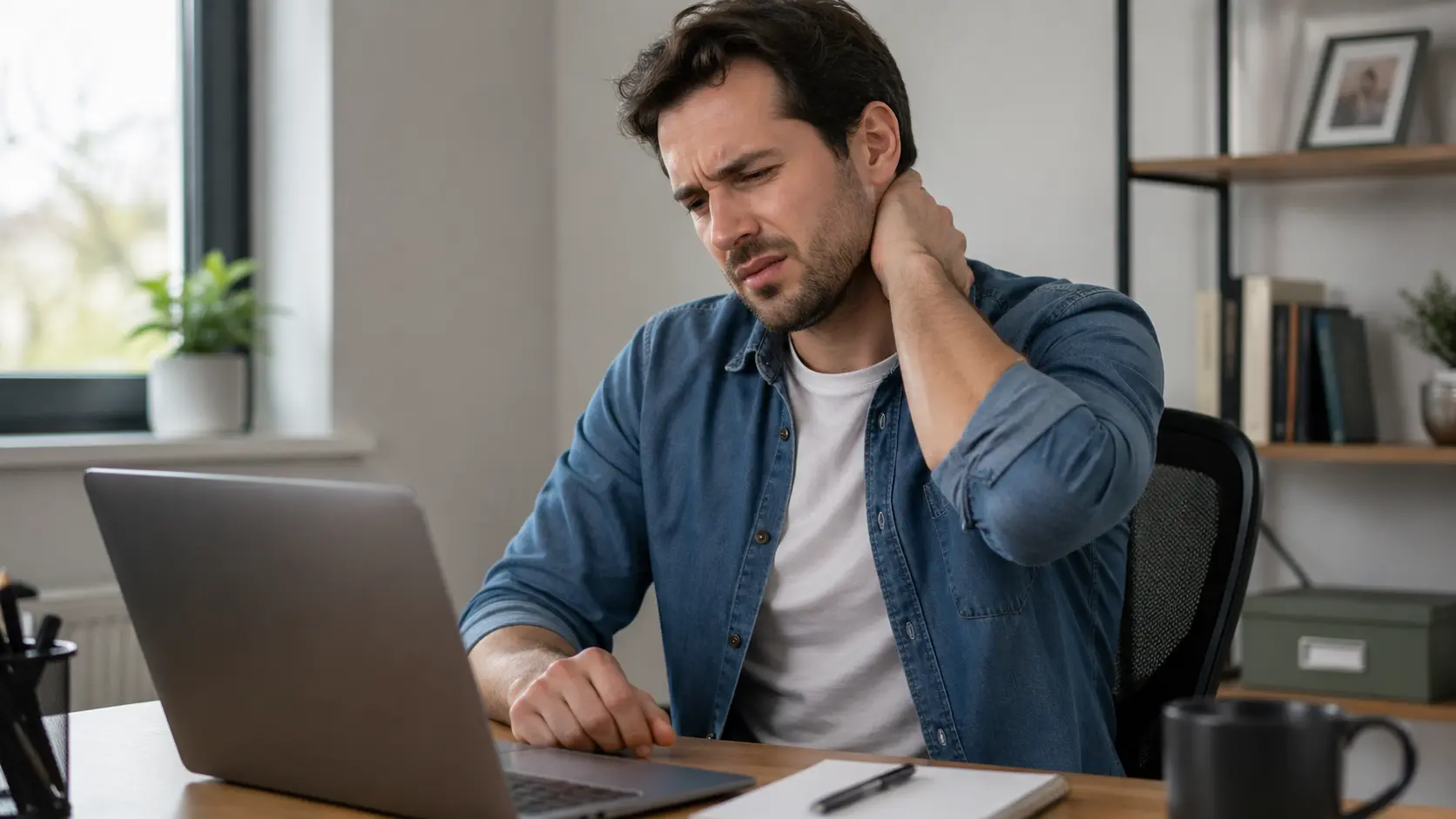 Man sitting at a desk with a laptop, visibly experiencing neck pain while working
