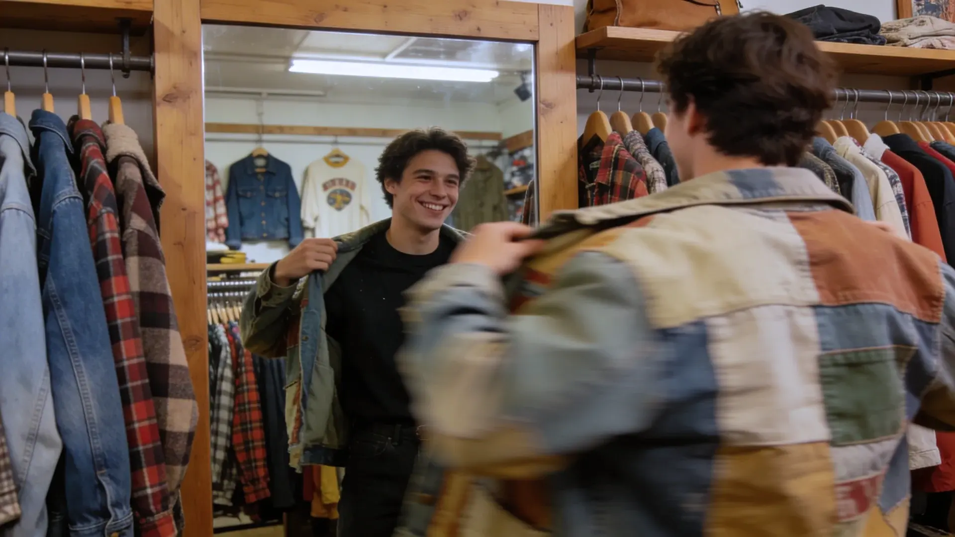 Man trying on patchwork jacket in thrift clothing store mirror surrounded by racks of shirts