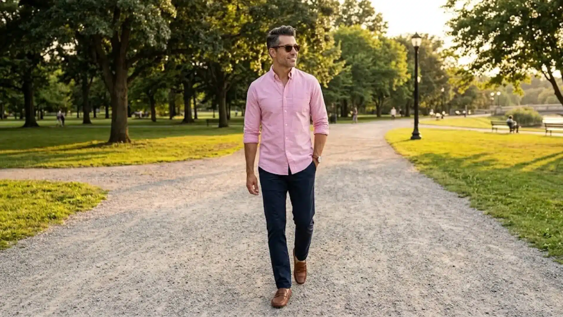 Man wearing a pink shirt with navy blue pants walking outdoors in a casual smart outfit at sunset