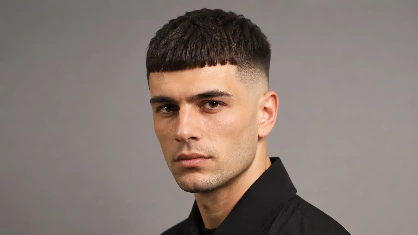 Man with a blunt French crop haircut, short textured fringe, and faded sides in a 16_9 portrait