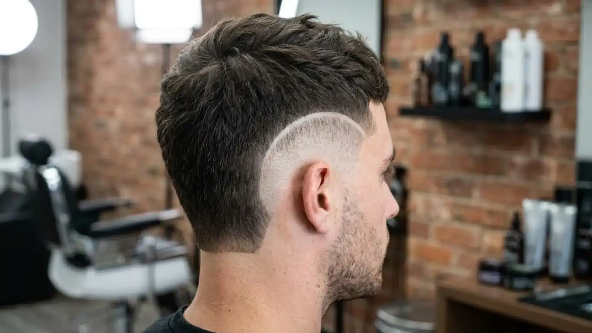 Man with a burst fade haircut featuring a curved shaved design and textured hair on top