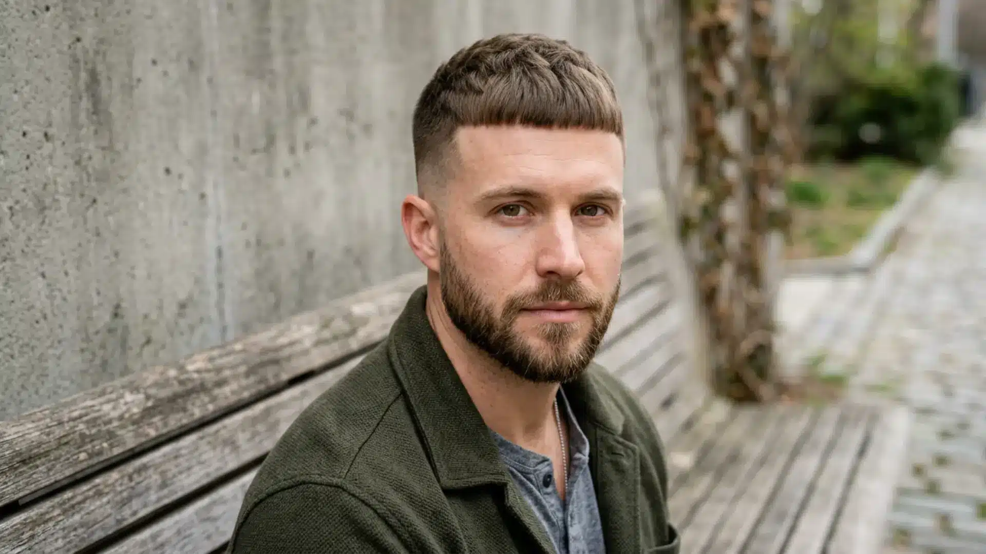 Man with a Caesar cut and faded sides