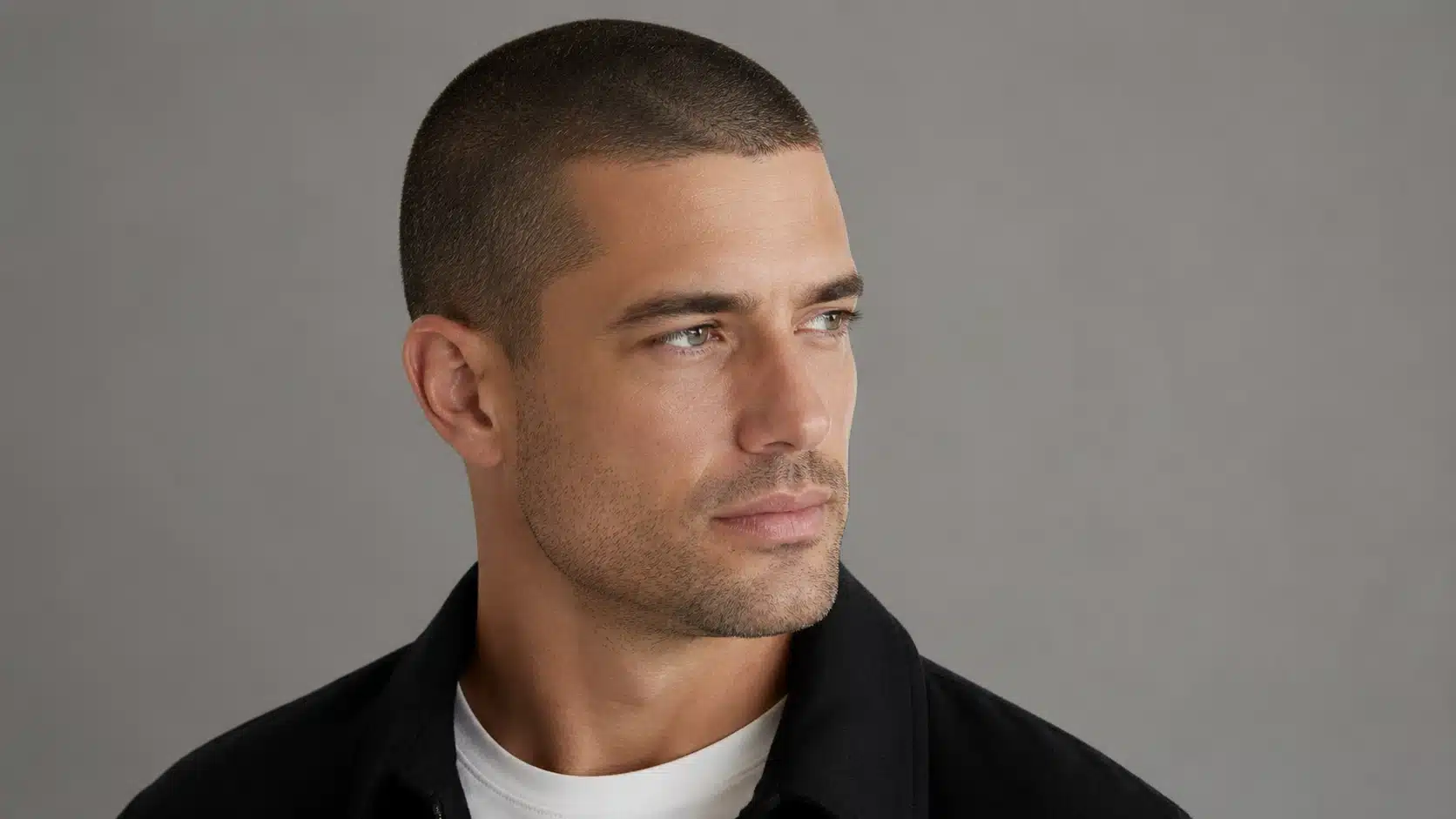 Man with a clean buzz cut and light stubble in a minimal 16_9 studio portrait