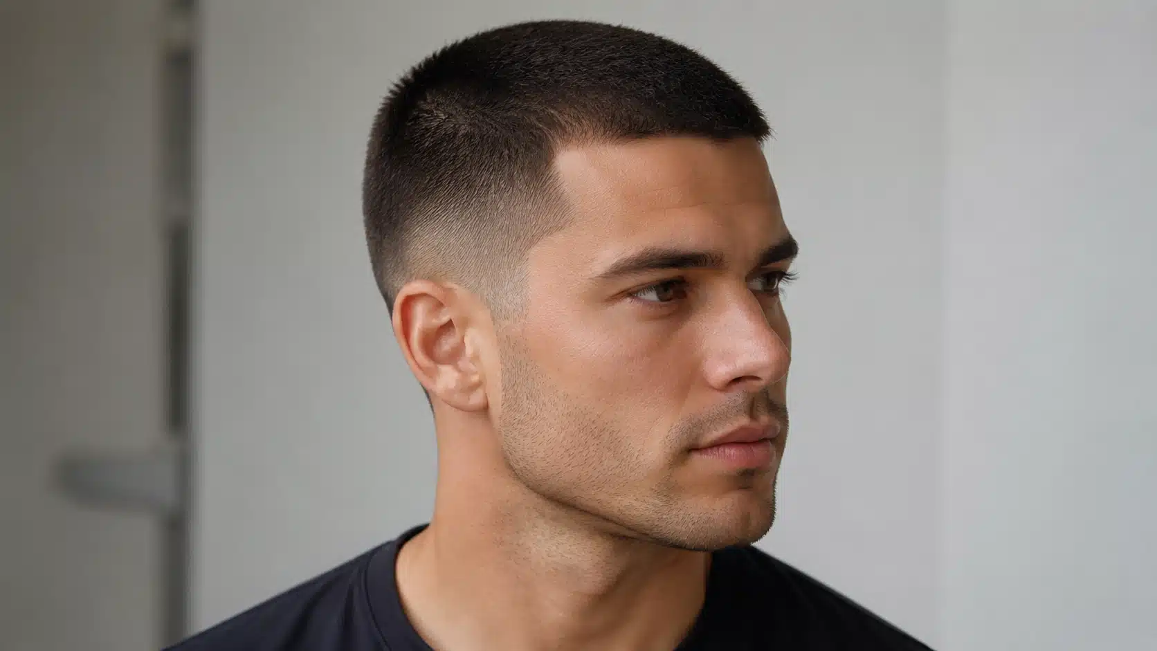 Man with a clean crew cut, short faded sides, and neat facial stubble in a 16_9 portrait