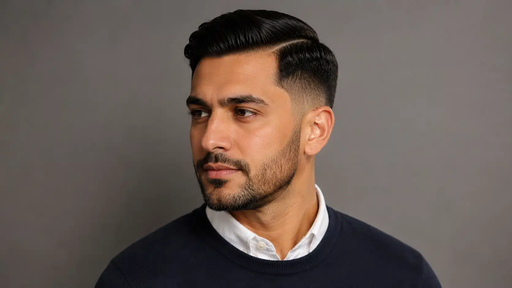 Man with a clean low fade and side part hairstyle in a professional 16_9 studio portrait