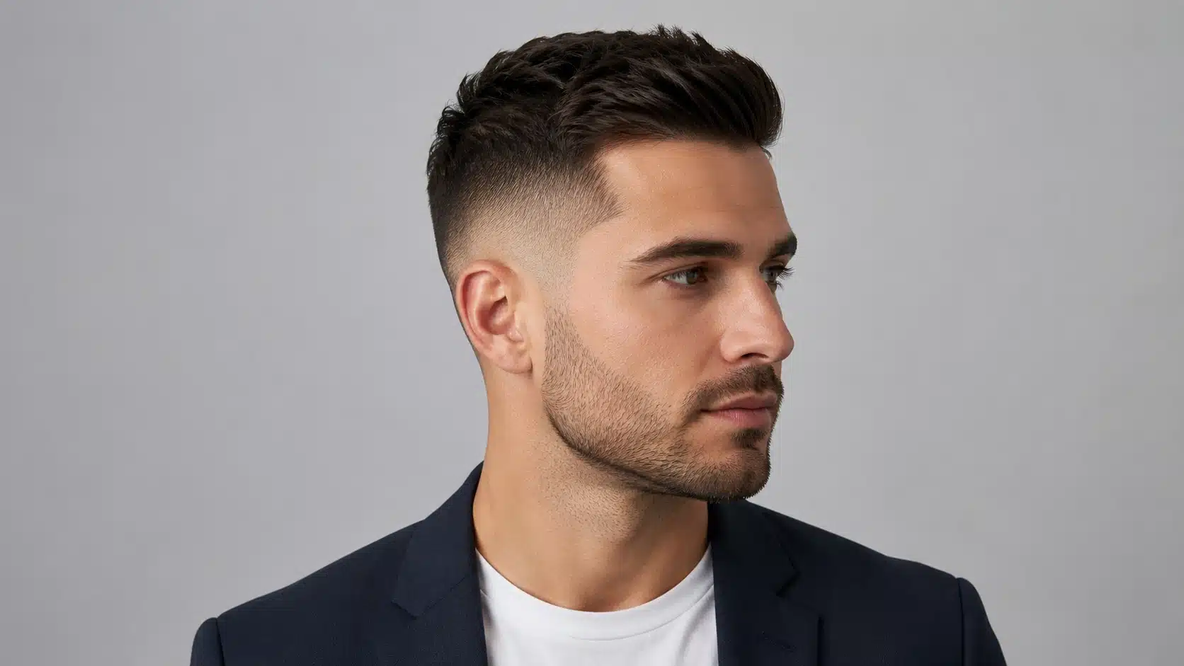 Man with a clean mid fade haircut and controlled textured top in a 16_9 studio portrait