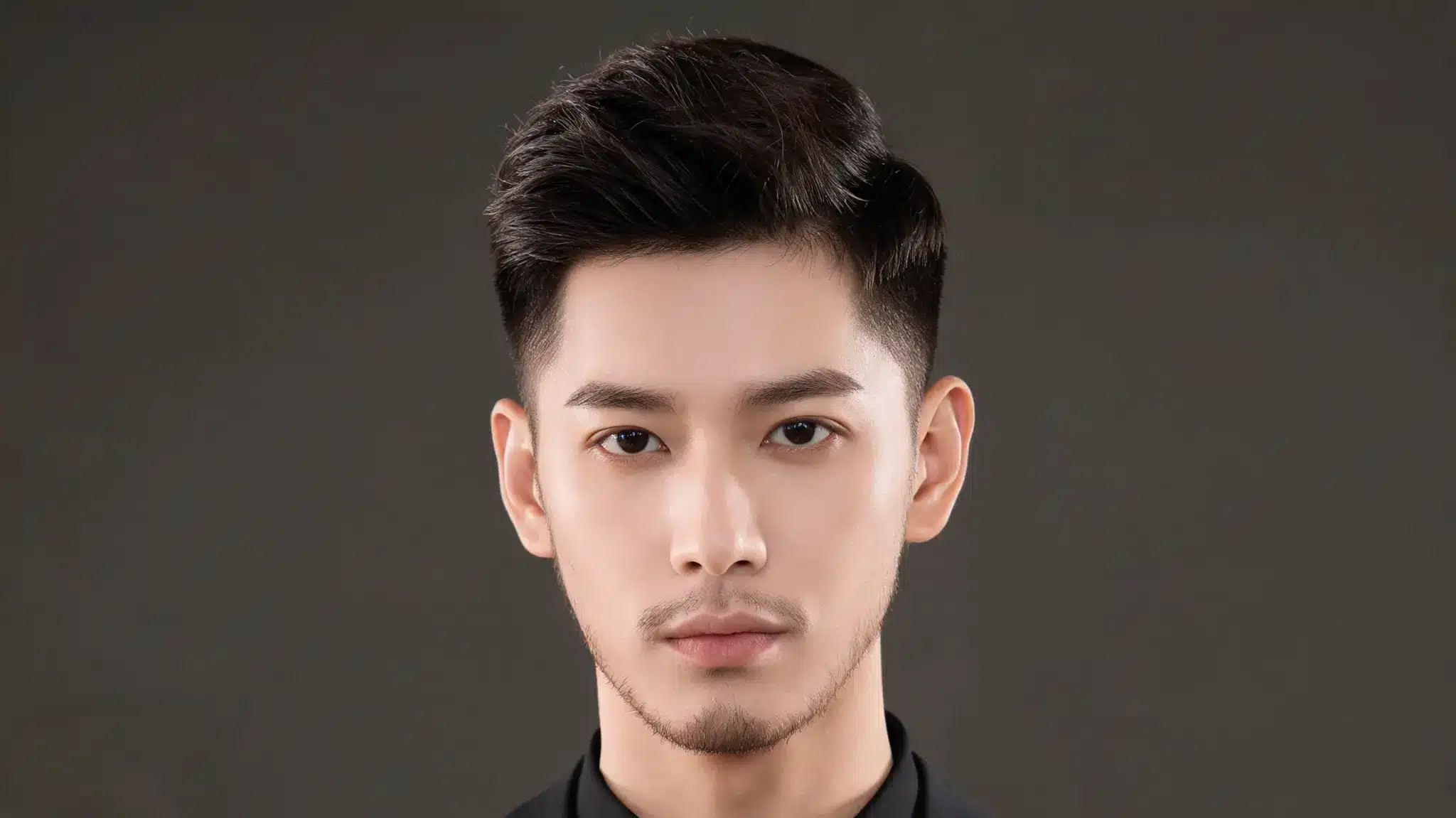 Man with a clean modern quiff hairstyle, lifted front, and tapered sides against a dark studio background