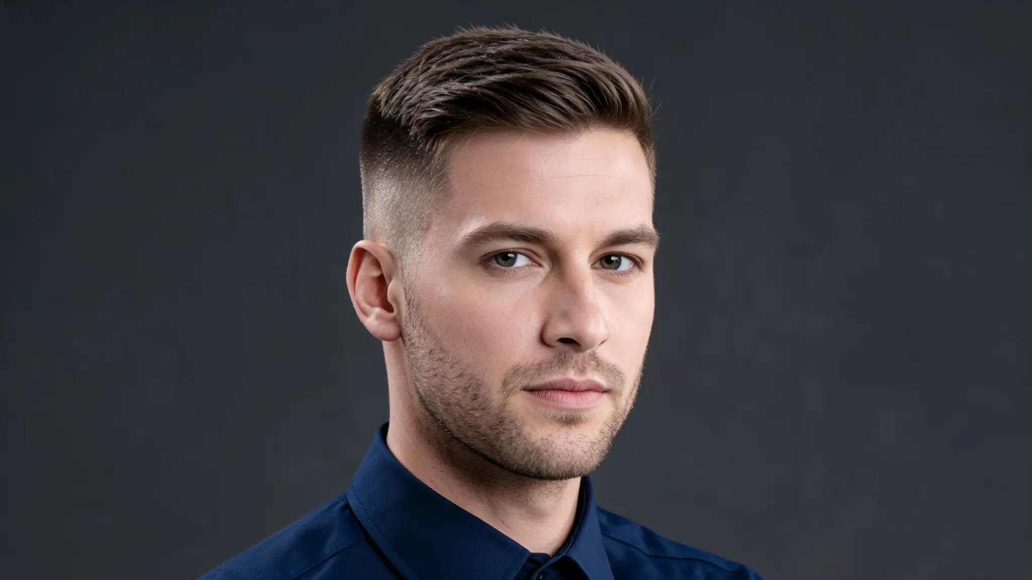 Man with a clean regulation cut, short faded sides, neat top, and light stubble
