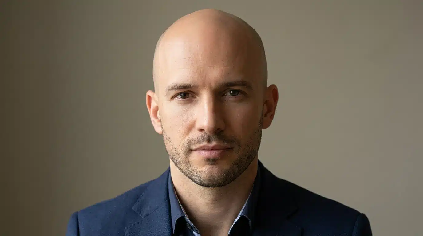 Man with a clean-shaven head, trimmed beard, and navy suit in a simple professional portrait