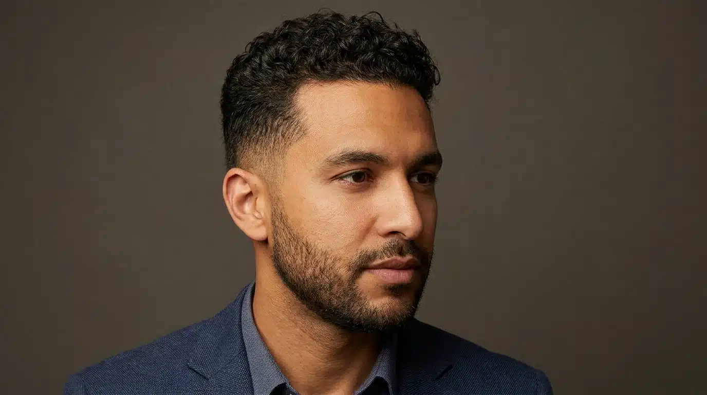 Man with a coily taper cut, short faded sides, shaped curls, and trimmed beard in a studio portrait