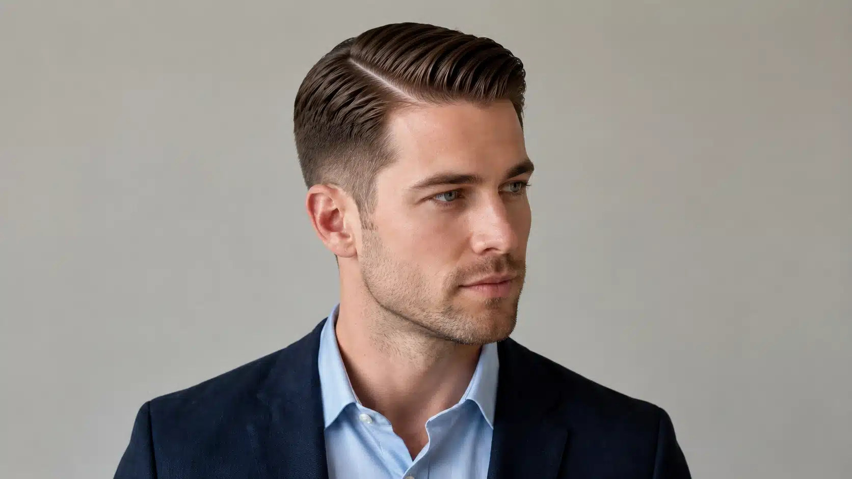 Man with a defined tapered comb over hairstyle, sharp side part, and clean studio look in 16_9
