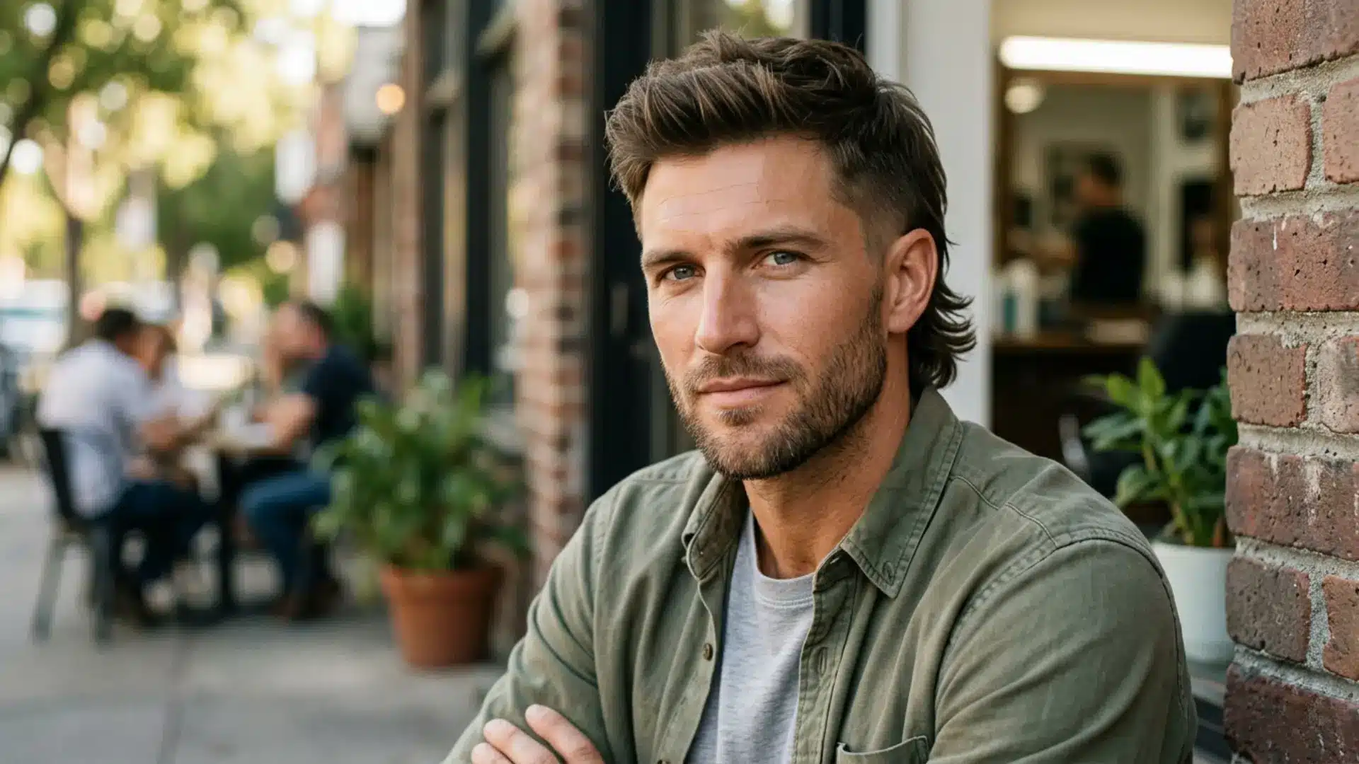 Man with a modern mullet outside a cafe