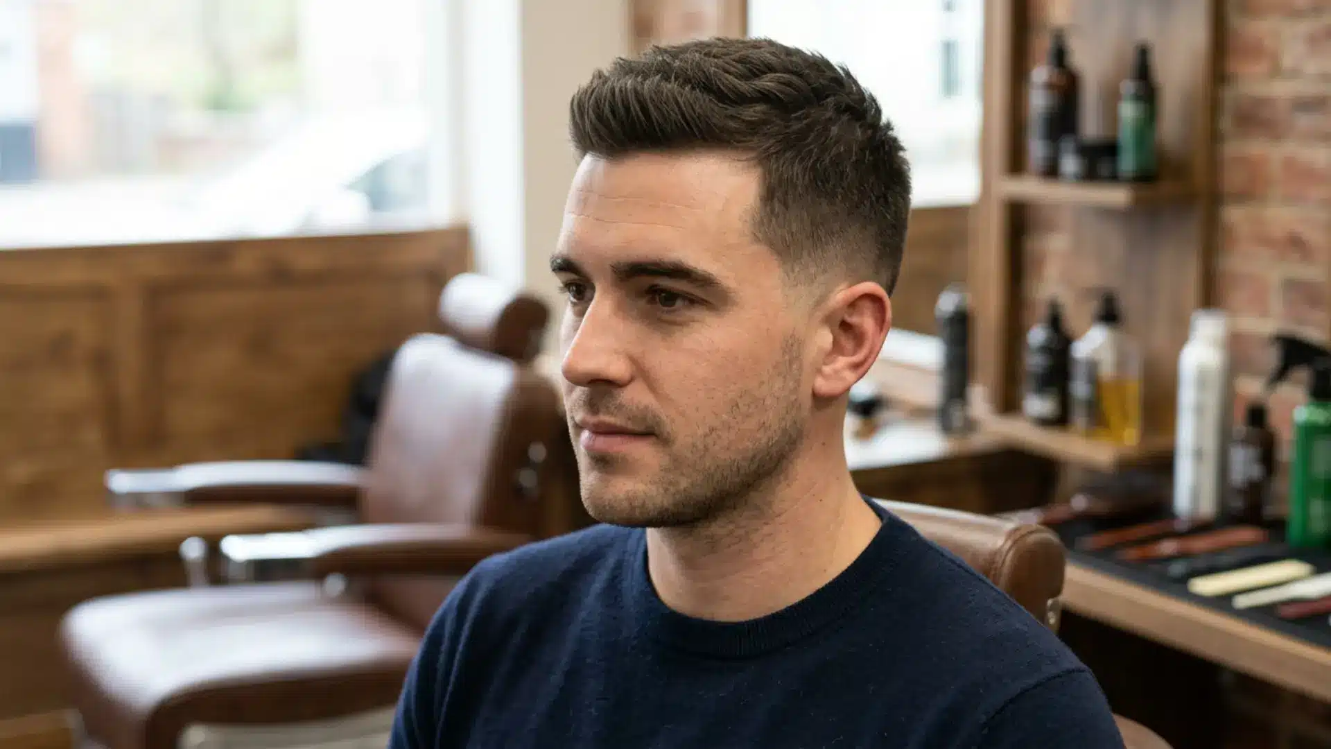 Man with a neat crew cut in a barbershop