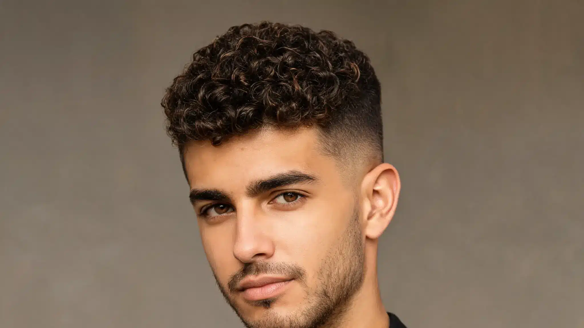 Man with a neat curly taper haircut, defined curls, faded sides, and light stubble