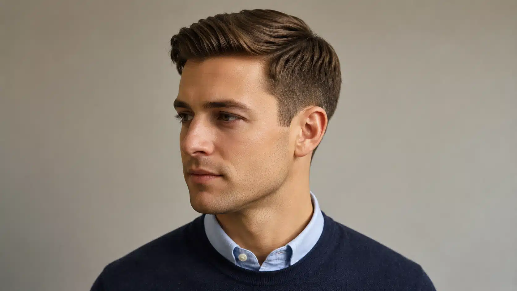 Man with a neat Ivy League haircut, short sides, and brushed top in a soft neutral portrait