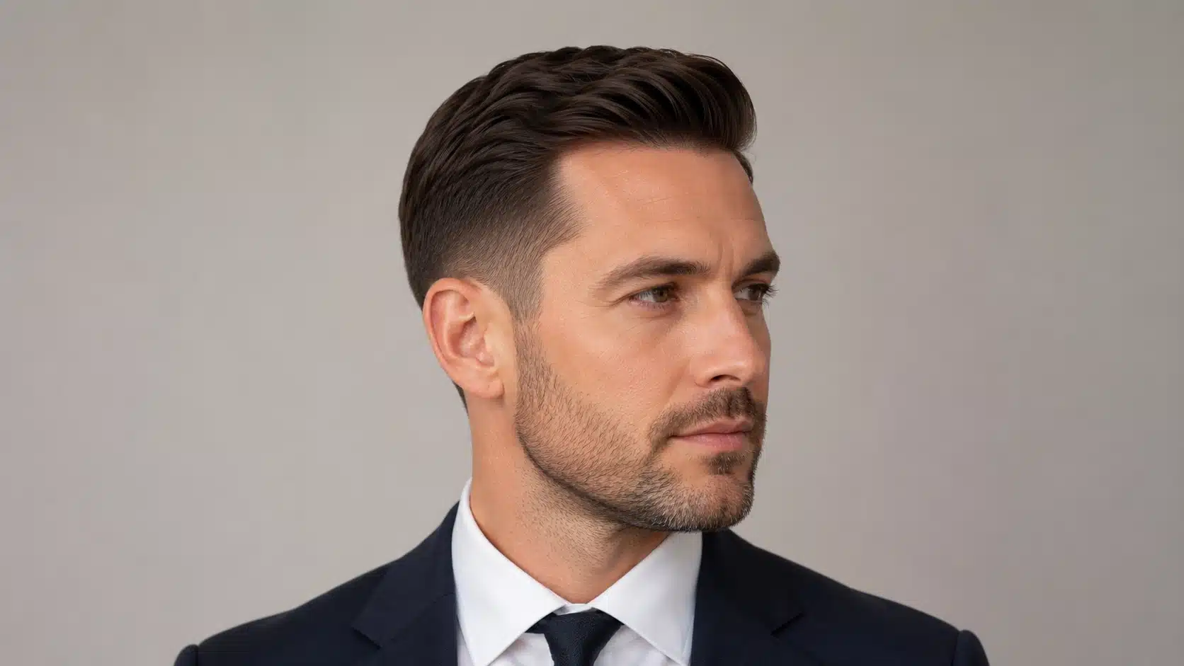 Man with a polished business taper haircut wearing a suit in a clean 16_9 studio portrait