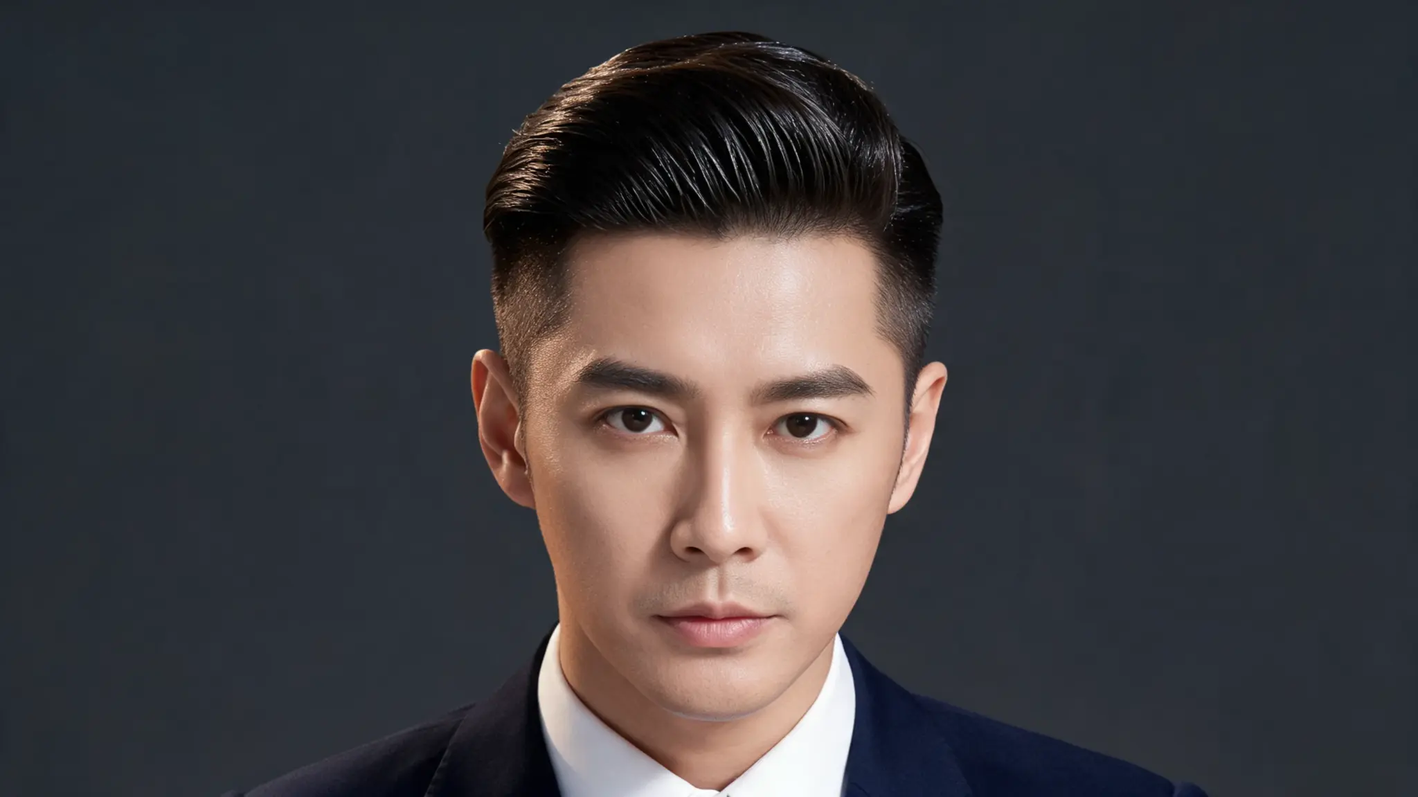 Man with a polished slick back hairstyle, clean tapered sides, and formal suit in a dark studio portrait
