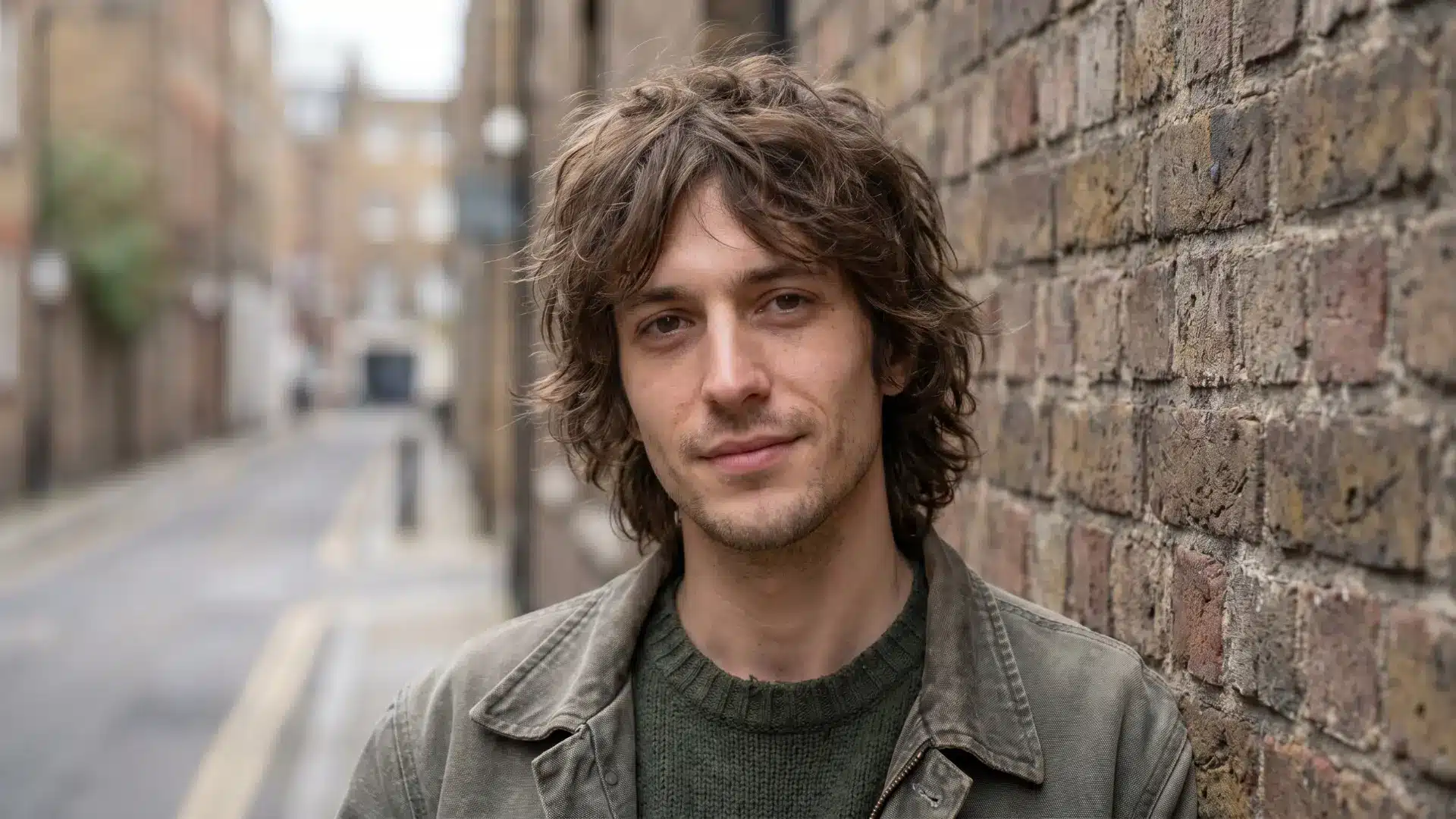 Man with a shaggy wolf cut near a brick wall