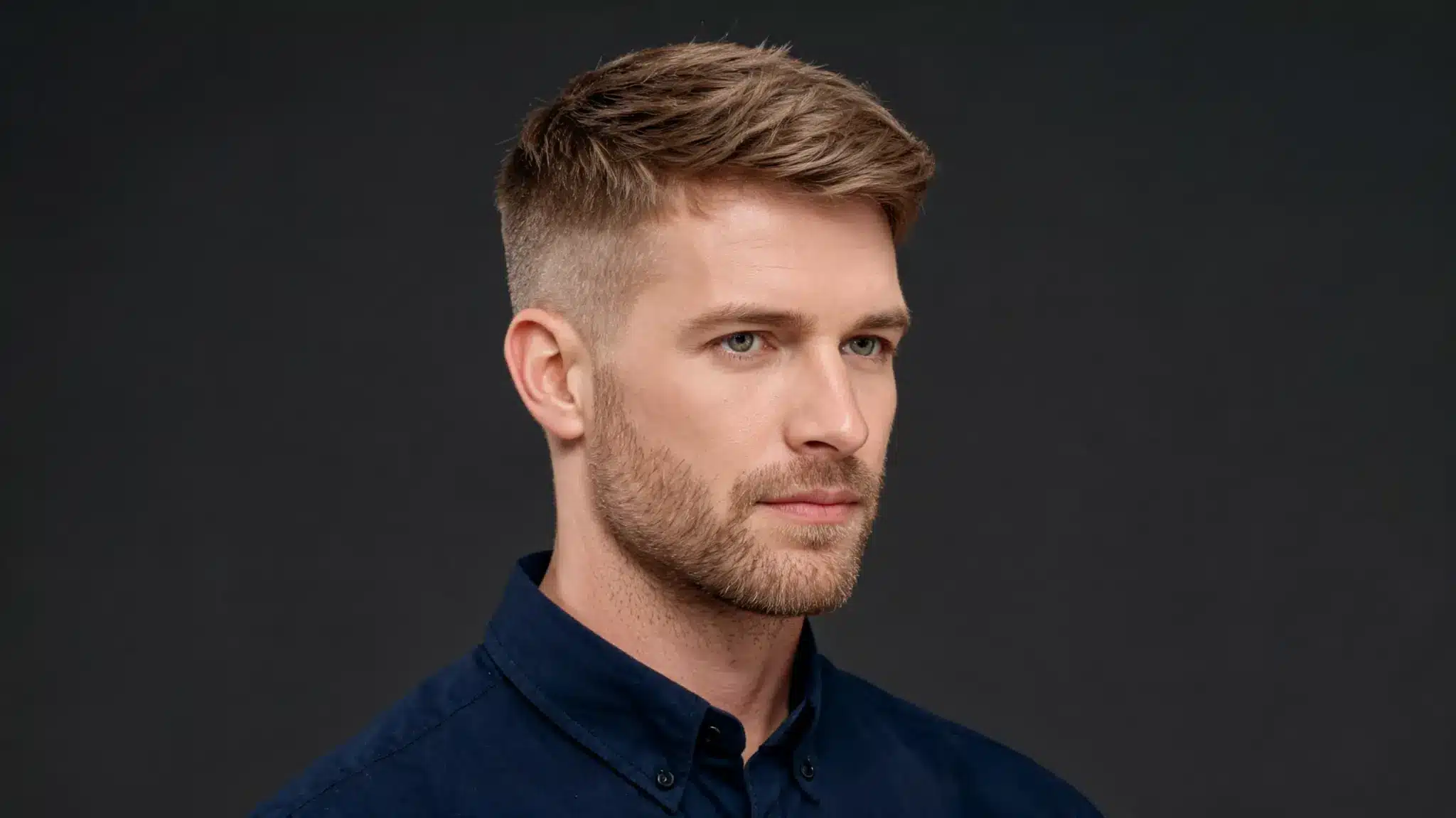 Man with a short back and sides haircut, textured top, and neat beard in a dark studio portrait