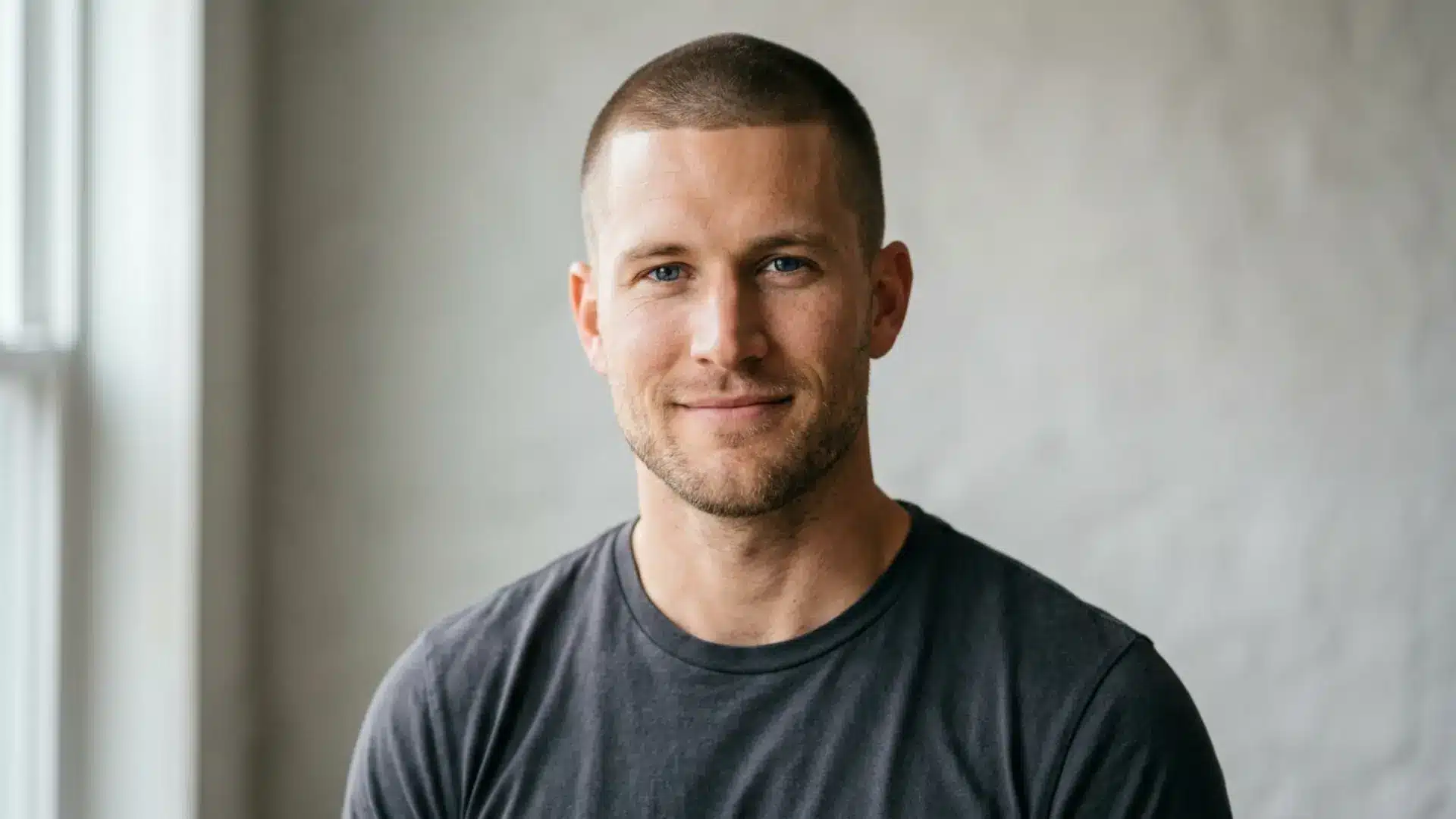 Man with a short buzz cut and light stubble