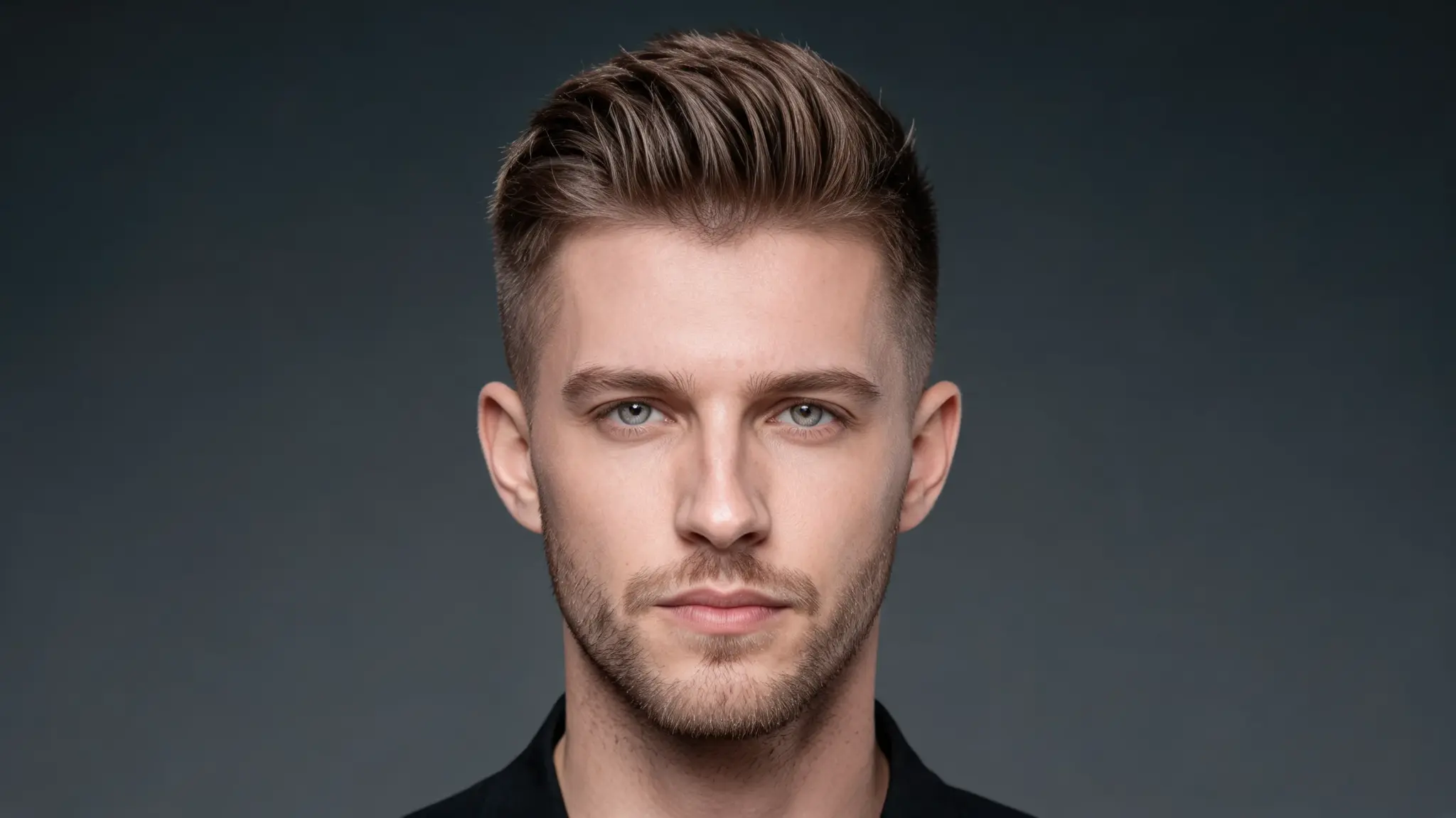 Man with a short pompadour hairstyle, lifted front, tapered sides, and neat stubble