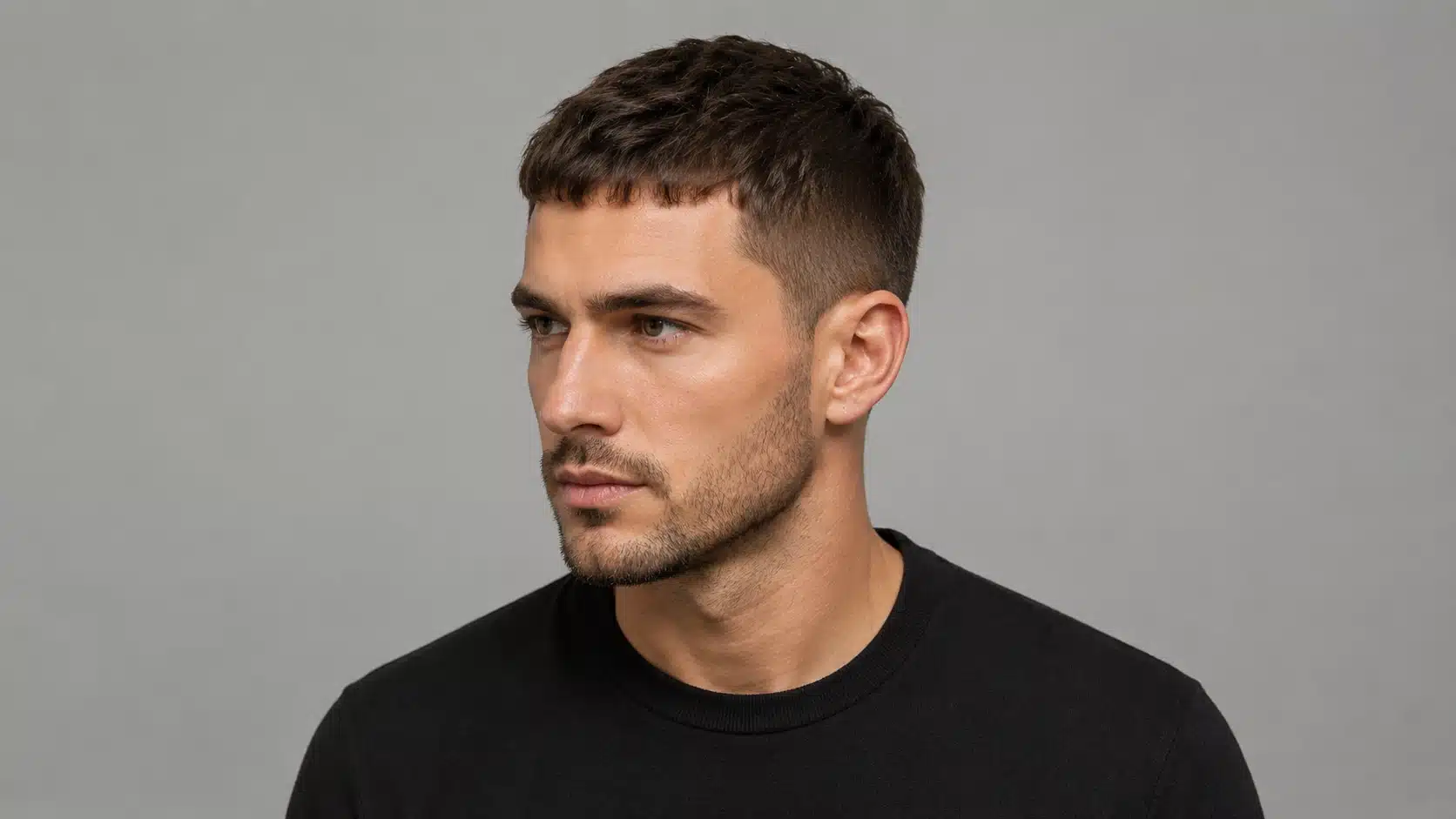 Man with a short textured crop haircut and clean tapered sides in a 16_9 studio portrait