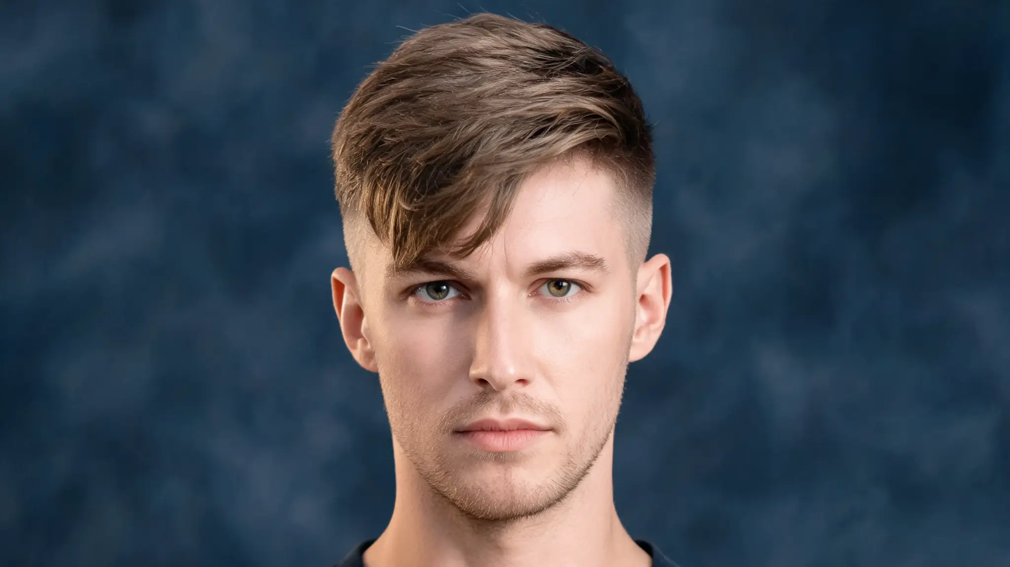 Man with a side-swept fringe haircut, longer front section, faded sides, and blue studio background