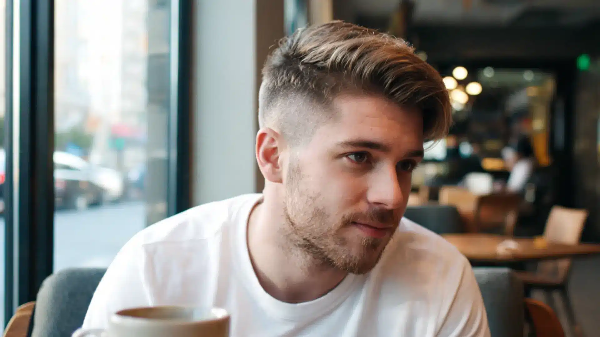 Man with a side swept undercut in a cafe