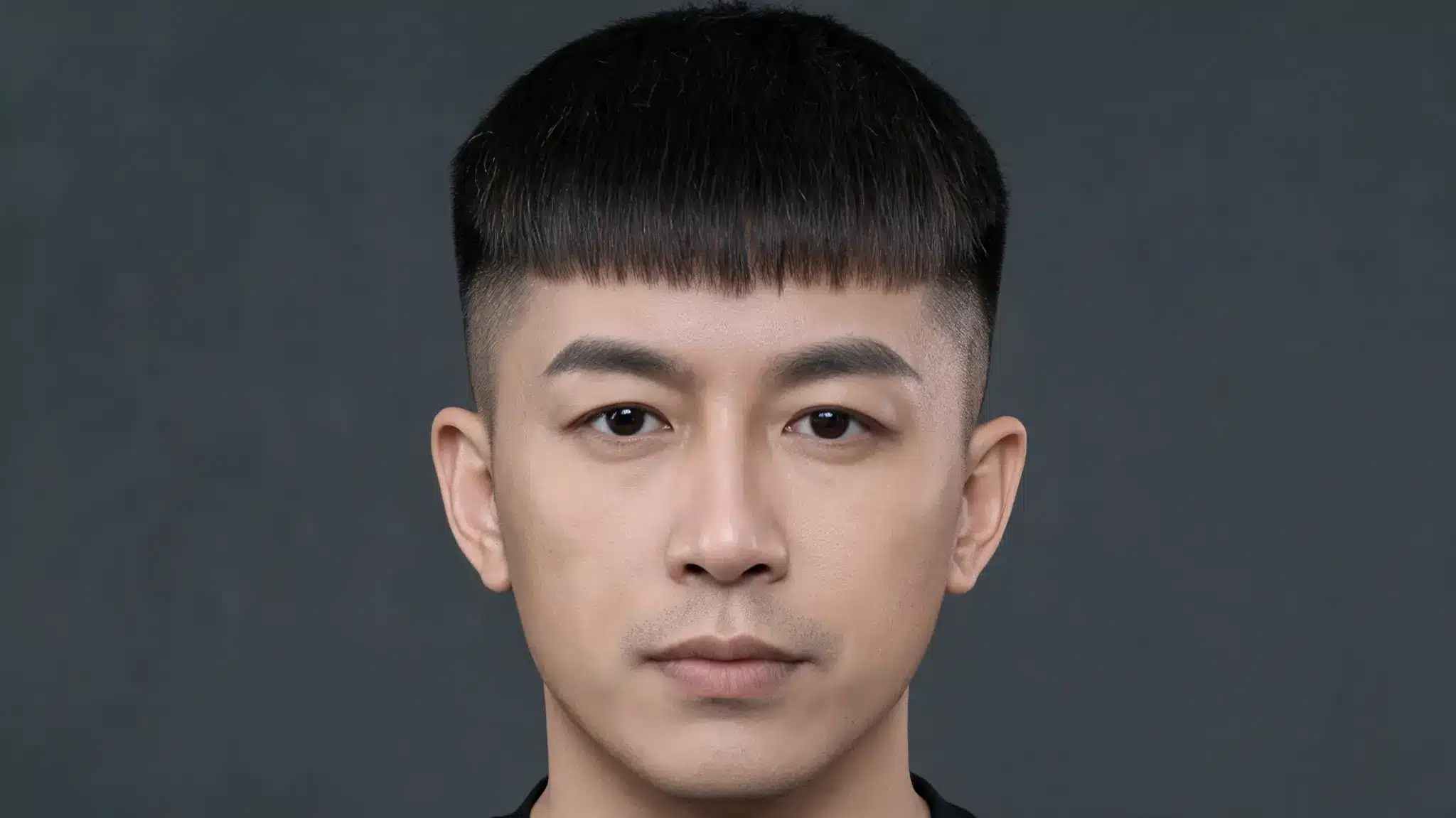 Man with a straight Caesar cut, short blunt fringe, and faded sides against a dark studio background