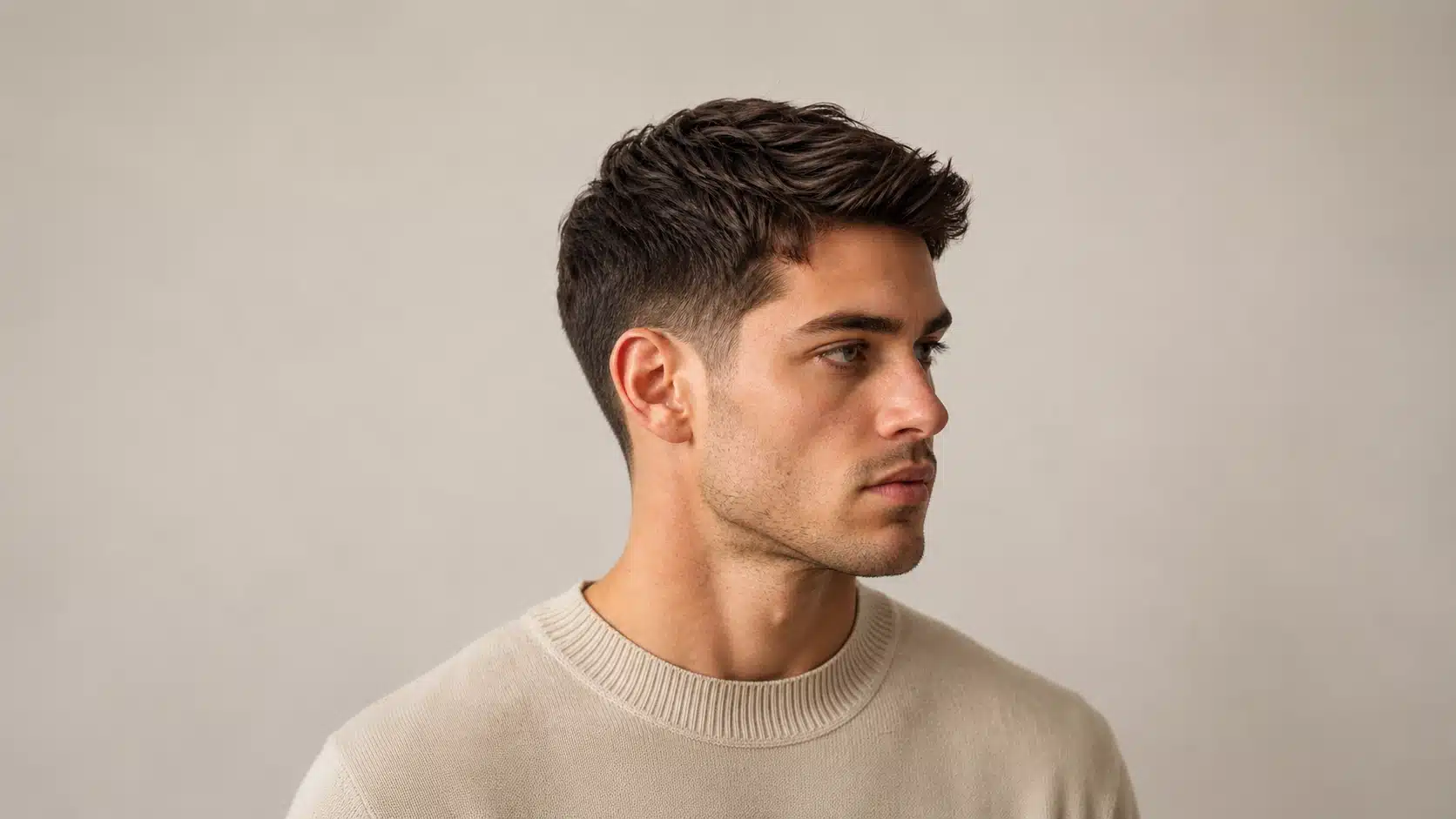 _Man with a textured classic taper haircut in a soft neutral portrait setting