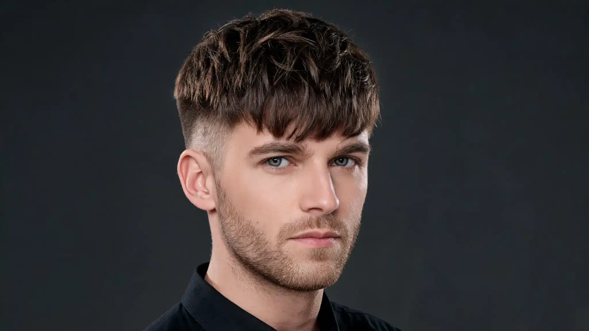 Man with a textured fringe haircut, tousled top, faded sides, and neat beard in a dark studio portrait