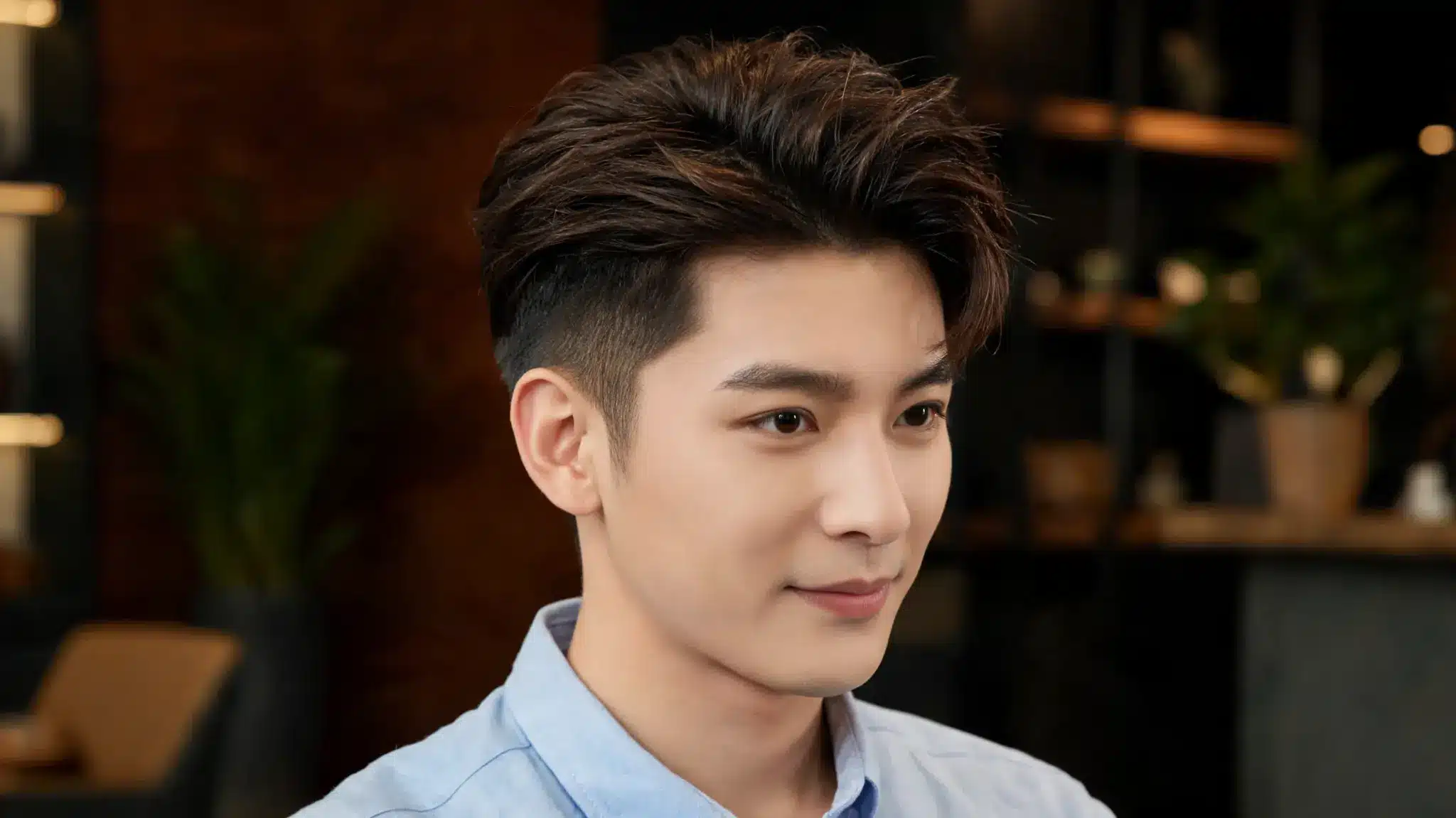 Man with a voluminous brush back hairstyle, tapered sides, and soft salon background