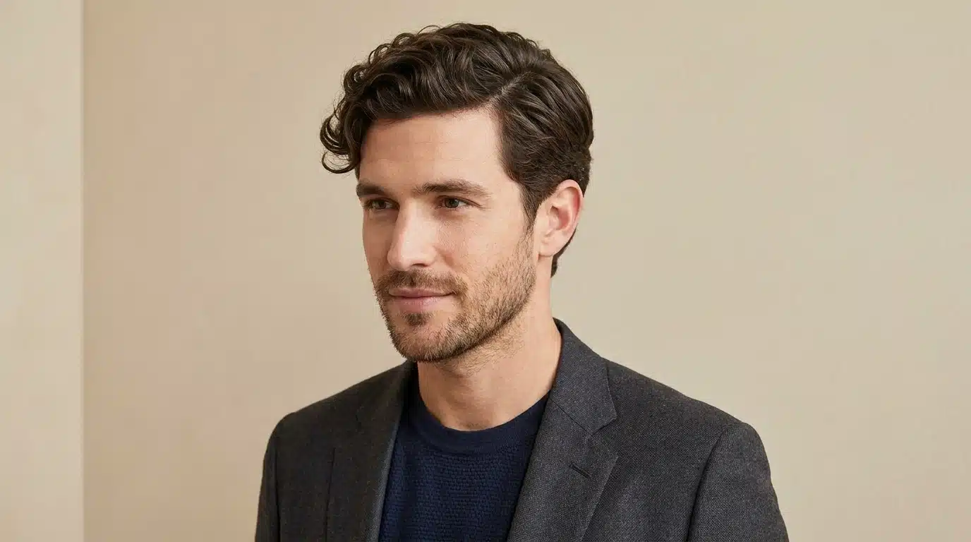 Man with a wavy side part hairstyle, soft natural volume, and neatly groomed beard in a smart casual look
