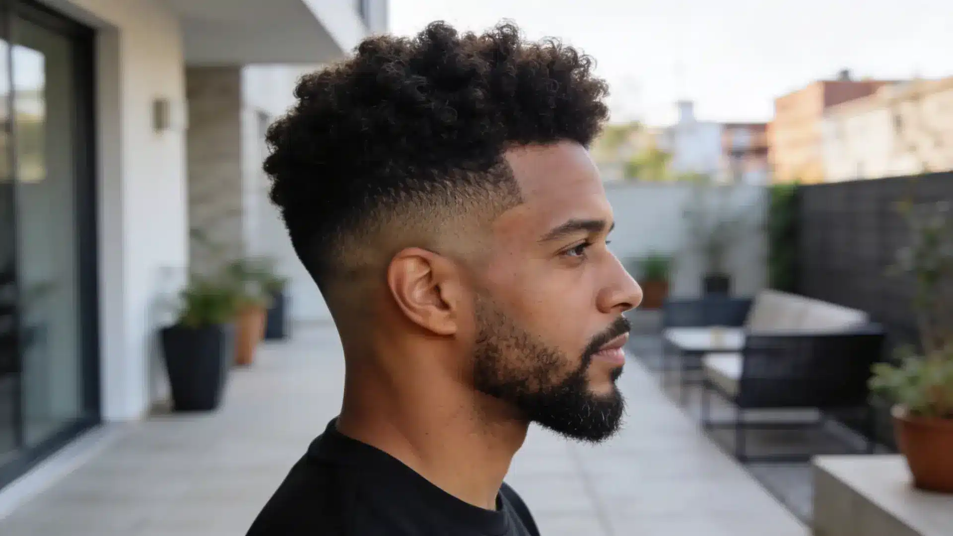 Man with afro textured high and tight hairstyle with clean fade sides and defined curls on top shown in side profile outdoors