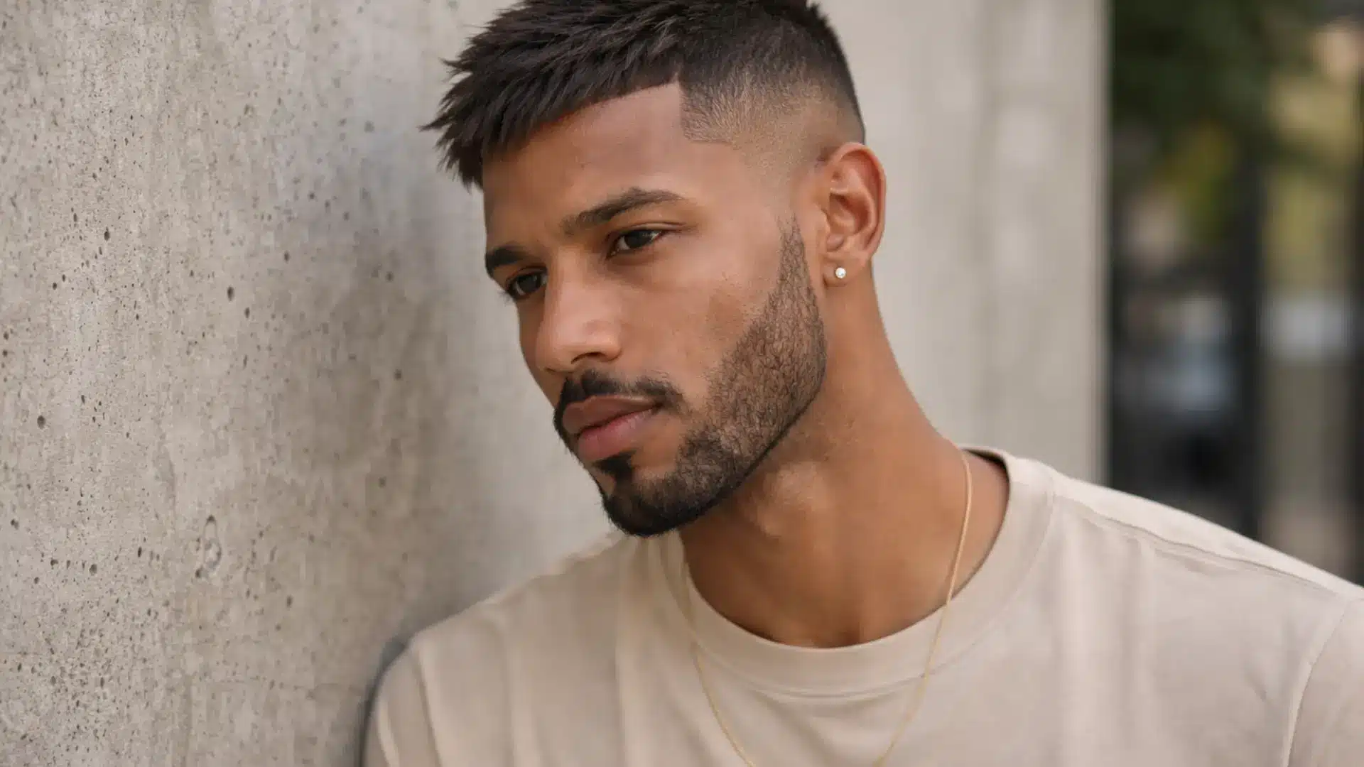 Man with asymmetrical crop high and tight hairstyle with sharp fade sides and textured fringe leaning against wall