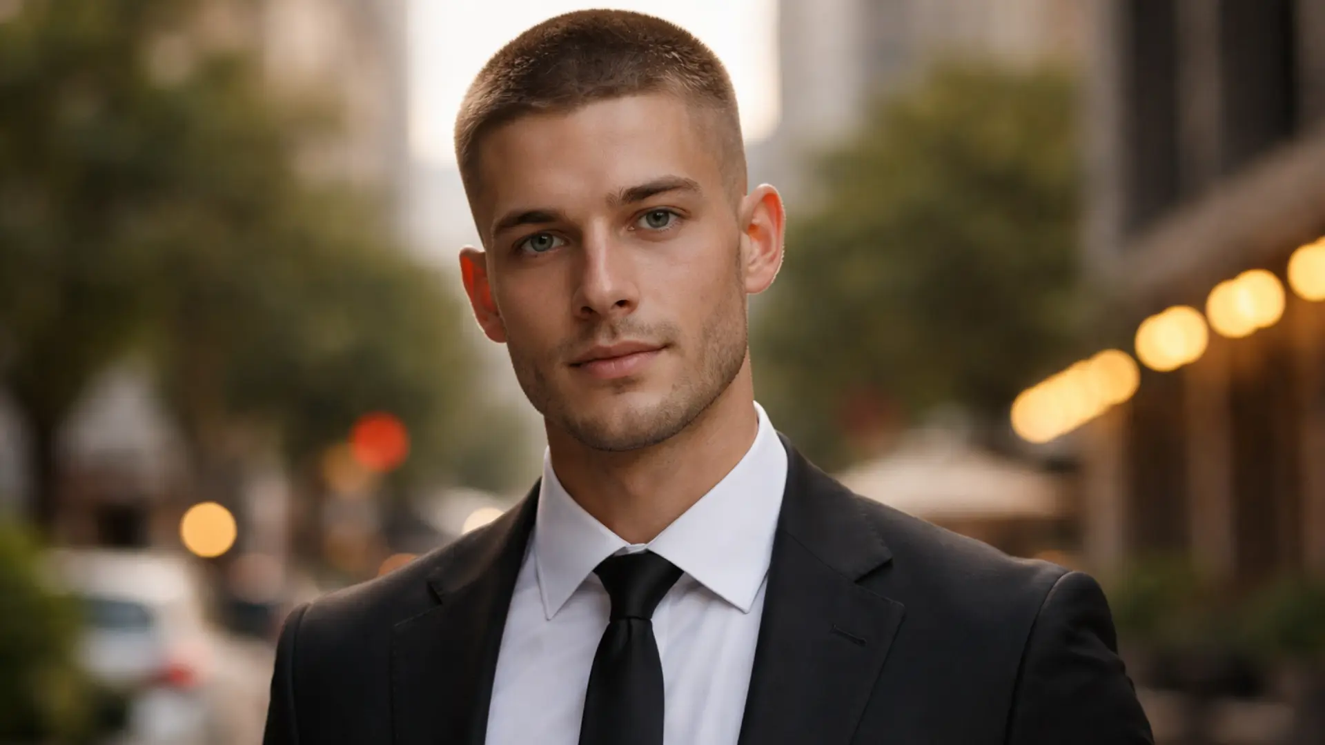 Man with buzz cut hairstyle wearing suit outdoors showing clean short hair and sharp professional appearance