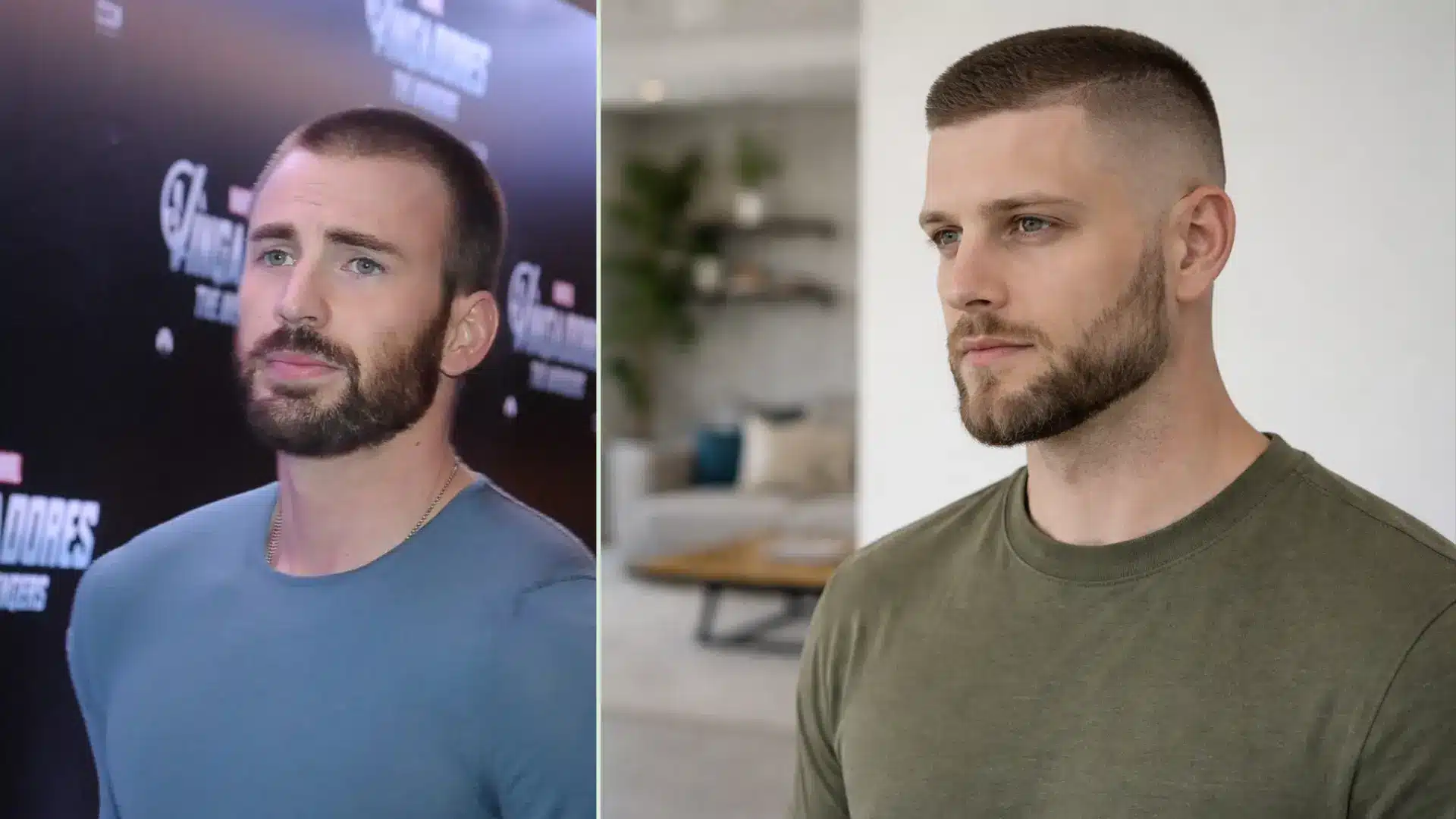 Man with buzzed top military high and tight haircut with ultra short sides and clean fade shown in indoor setting
