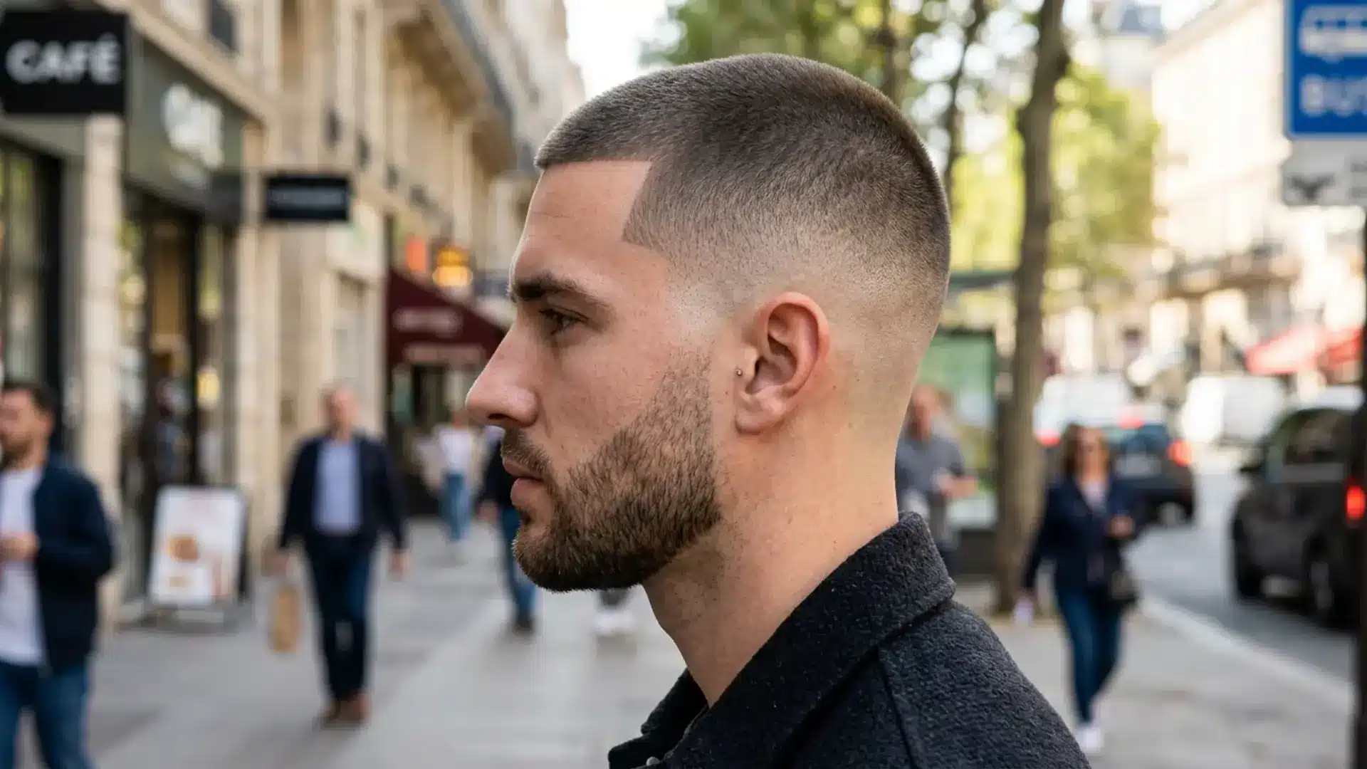 Man with classic skin fade high and tight haircut with sharp fade and short top shown in city street profile view