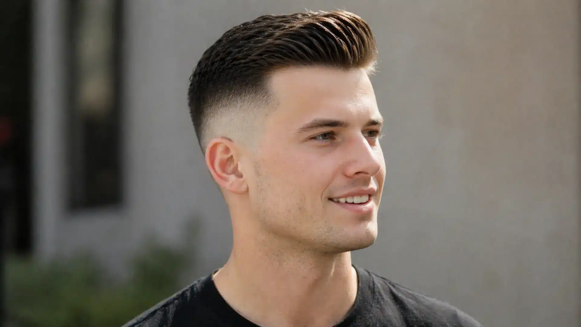 Man with clean fade haircut and styled top, smiling outdoors, neat modern hairstyle look