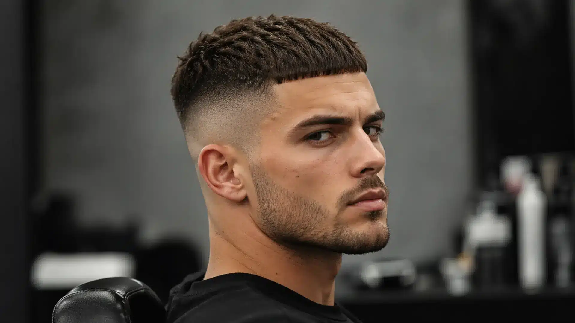 Man with cropped textured haircut and high skin fade, straight fringe and sharp beard, modern barbershop look