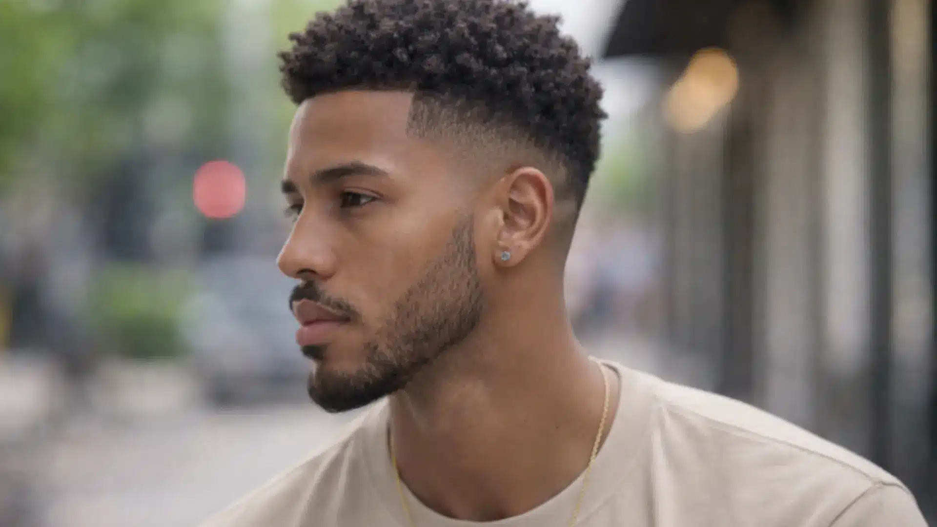 Man with curly high and tight fade hairstyle with defined curls on top and clean tapered sides in urban outdoor setting