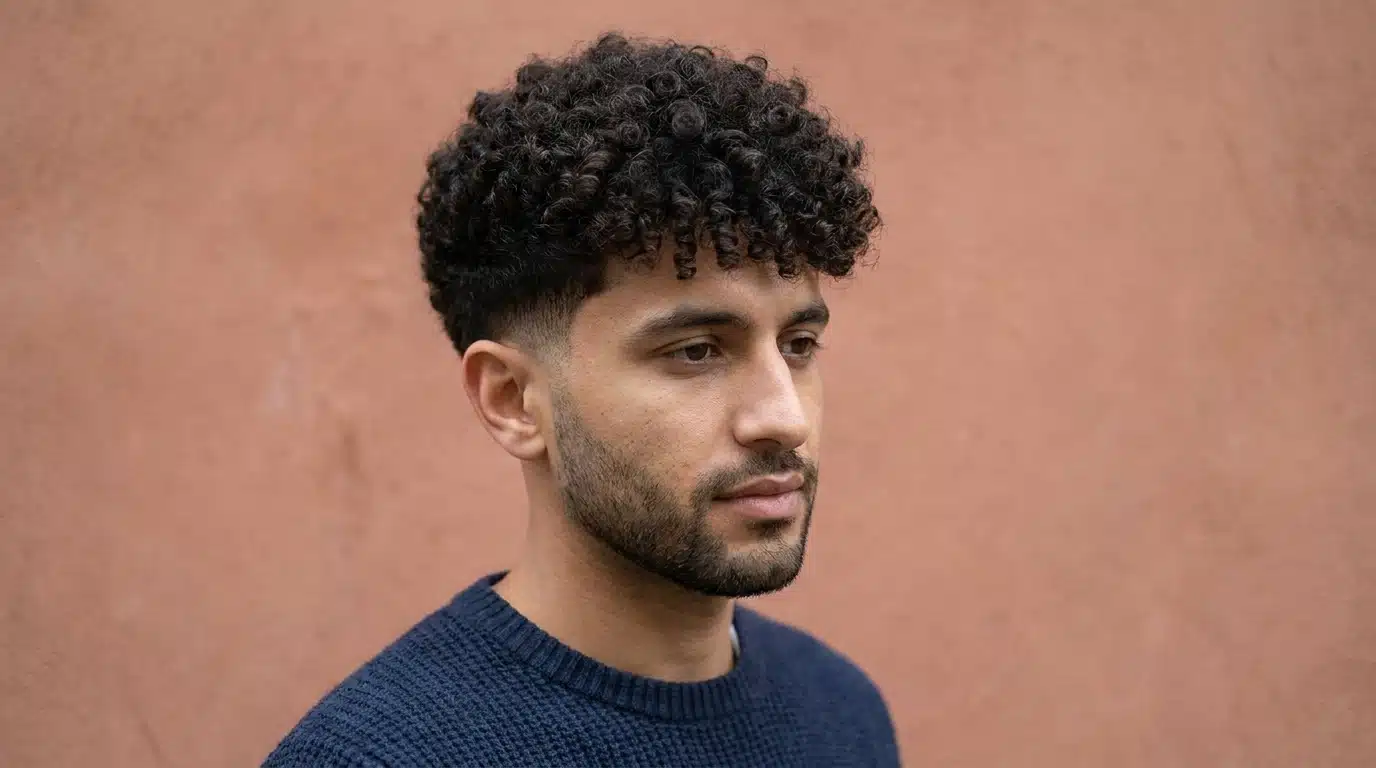 Man with defined curly hair on top, clean low fade, and trimmed beard against a warm wall