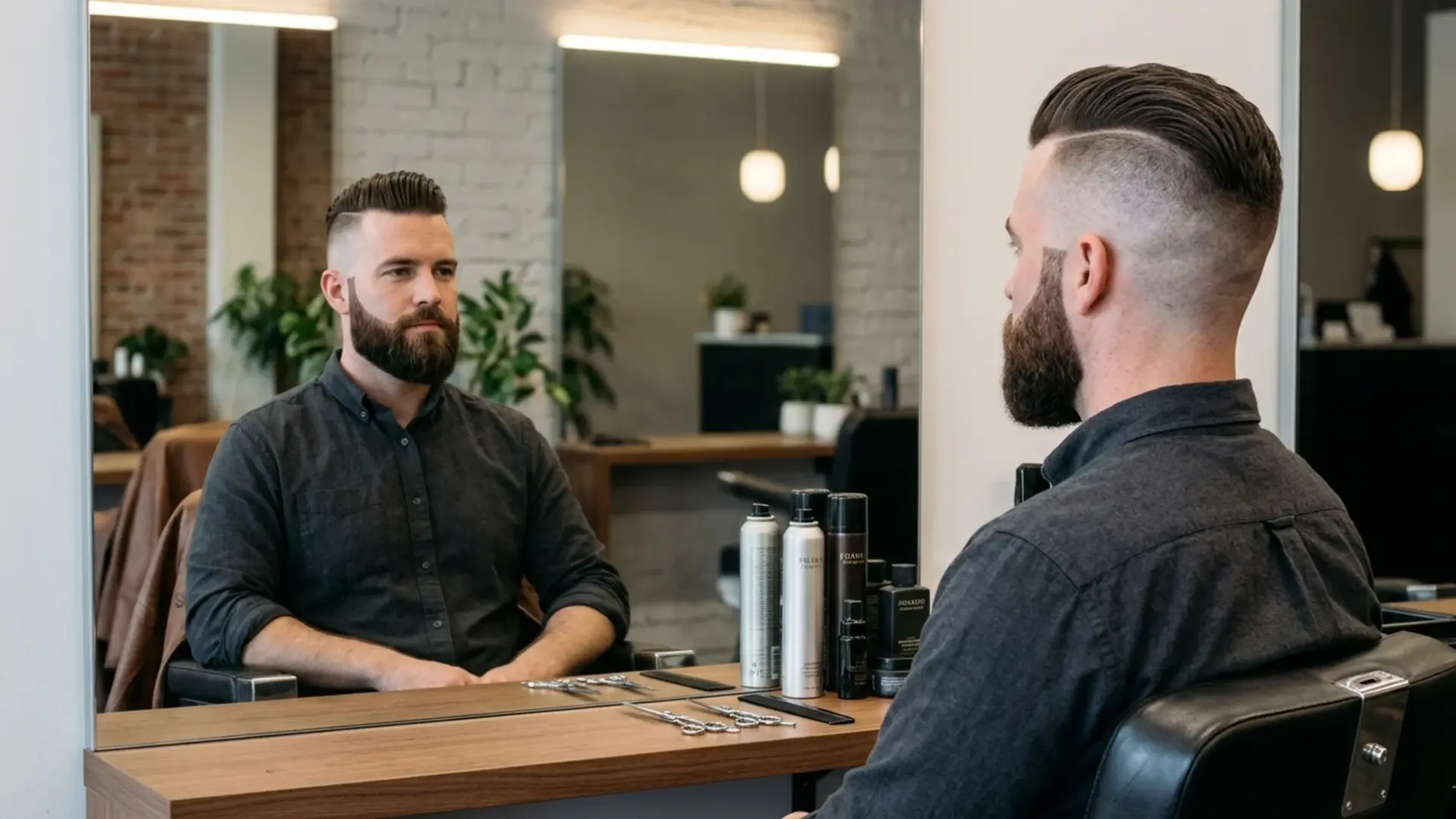 Man with disconnected modern high and tight hairstyle with sharp contrast sides and slicked back top in barbershop mirror