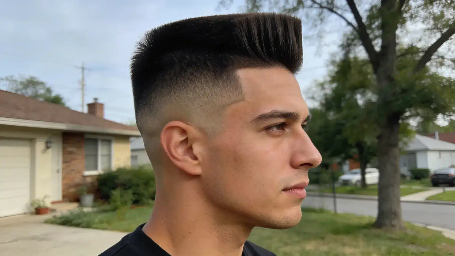 Man with flat top high and tight hairstyle featuring squared top and tight faded sides shown in outdoor suburban setting