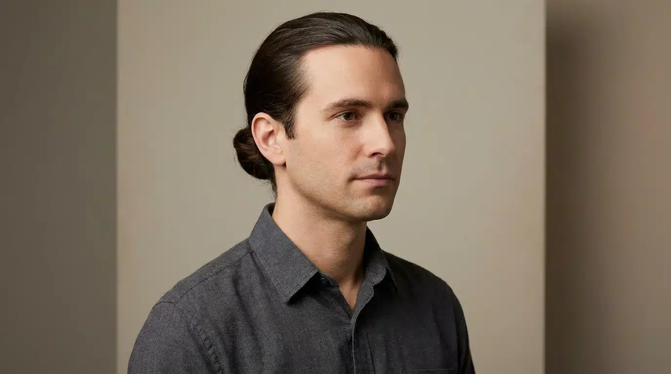 Man with long hair tied back in a low bun, smooth top, and gray shirt in a clean indoor setting