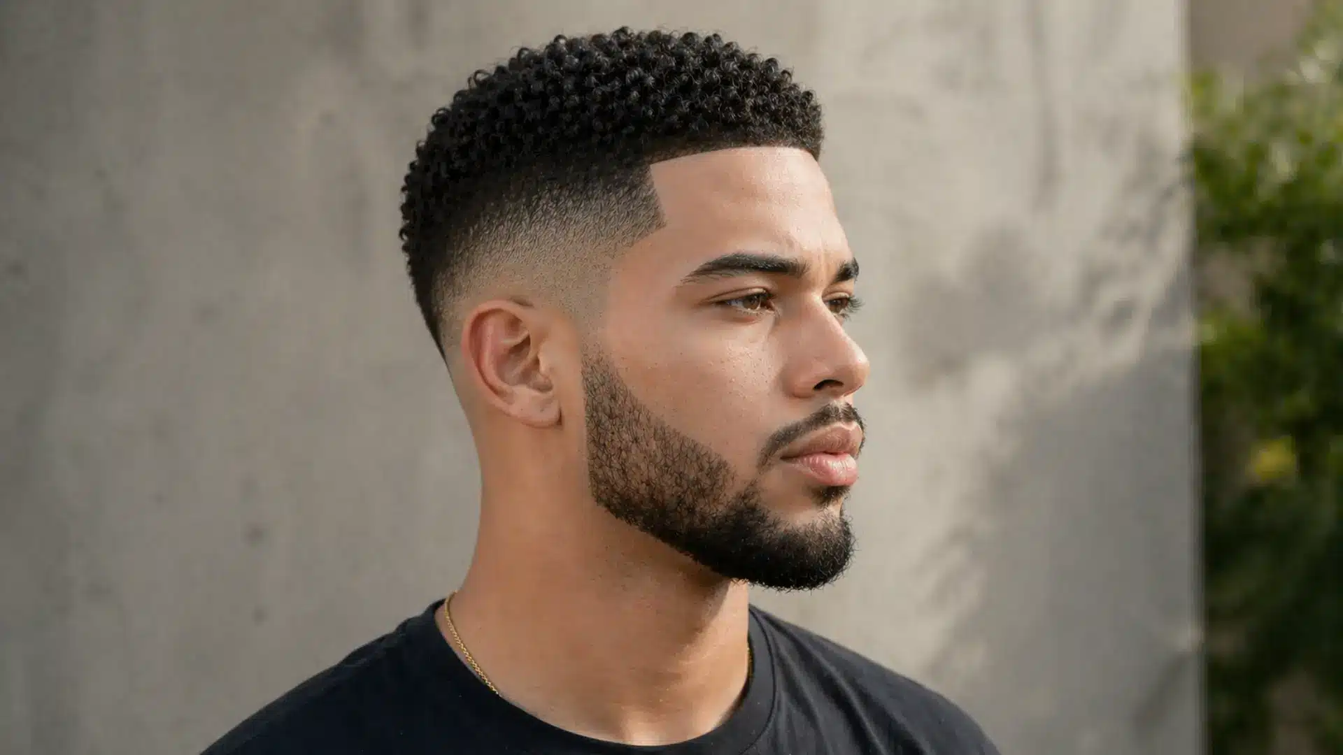 Man with low fade haircut, short curls on top, and sharp lined beard, modern clean style