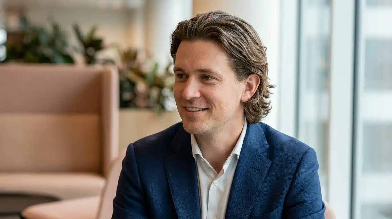 Man with medium-length flow hairstyle, brushed-back layers, and blue suit in a bright office setting