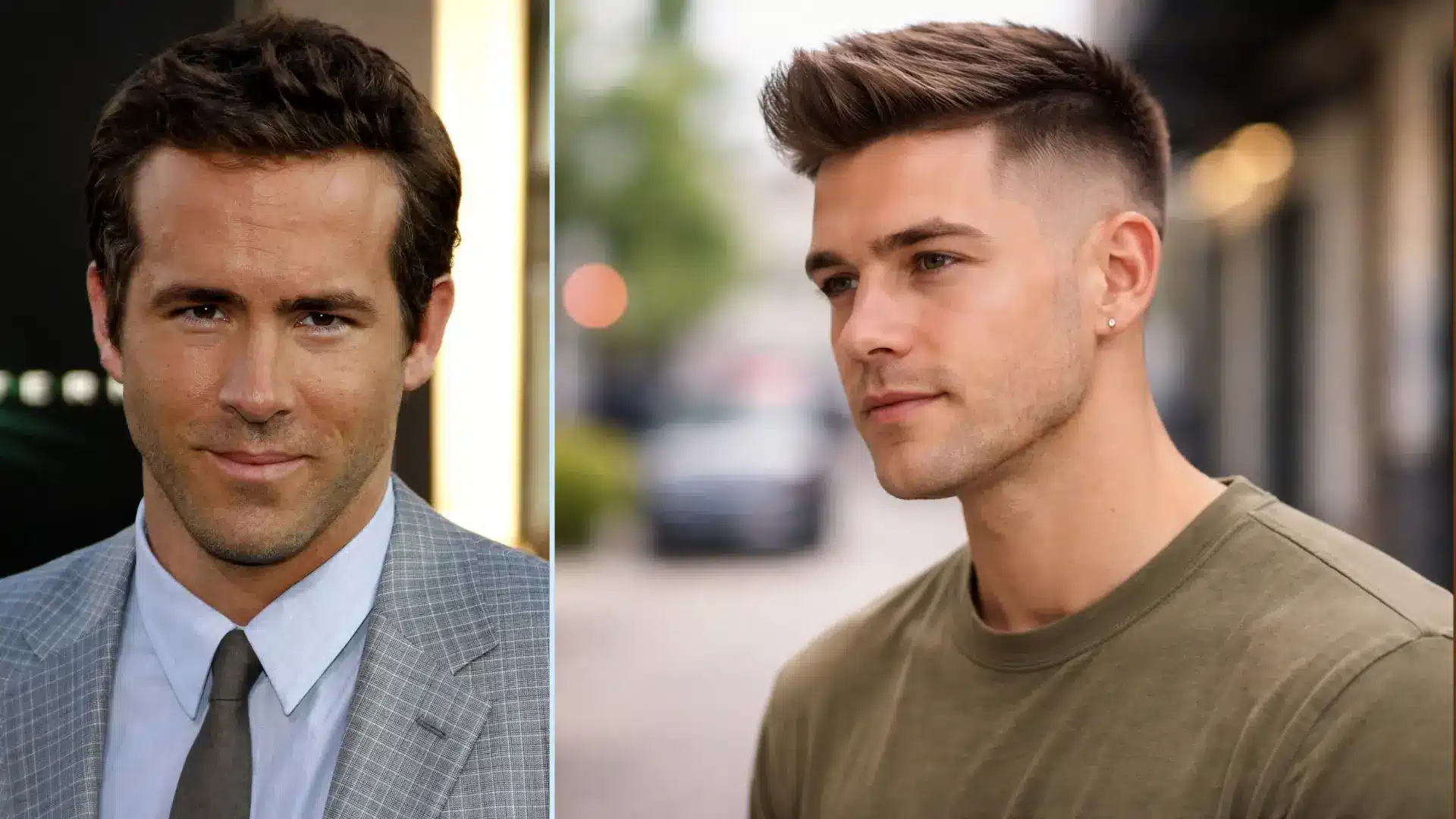 Man with modern quiff High and Tight haircut with lifted front and tapered sides in split portrait outdoor setting